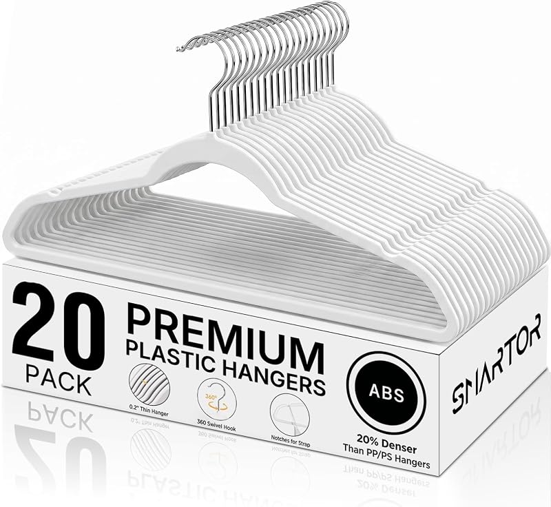 Plastic Hangers 20 Pack - Thin Hangers for Space Saving - White | Heavy Duty for 11Lbs Clothes, Swivel Hook, Non Slip Notches for Camisole, 0.2" Thin for Small Closet, Durable and Flexible