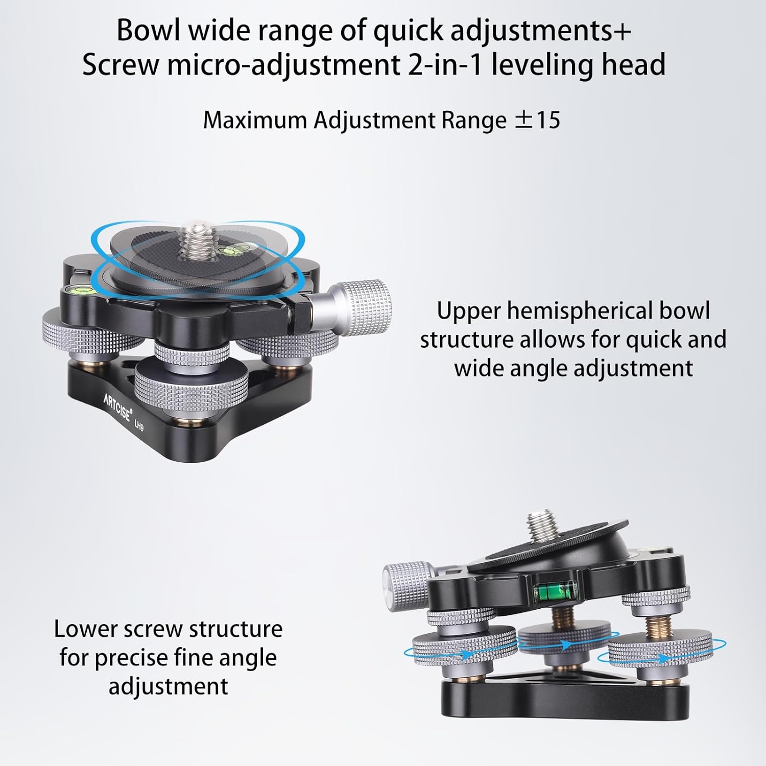 ARTCISE Diameter∅70mm Tripod Leveling Base Camera Leveler, Aluminum Adjusting Tripod Head Plate with -15°/+15° Tilt, with 3 Bubble Levels and 3 Wheel +/-5 Degree Precision Adjustment，Max Load 22lbs