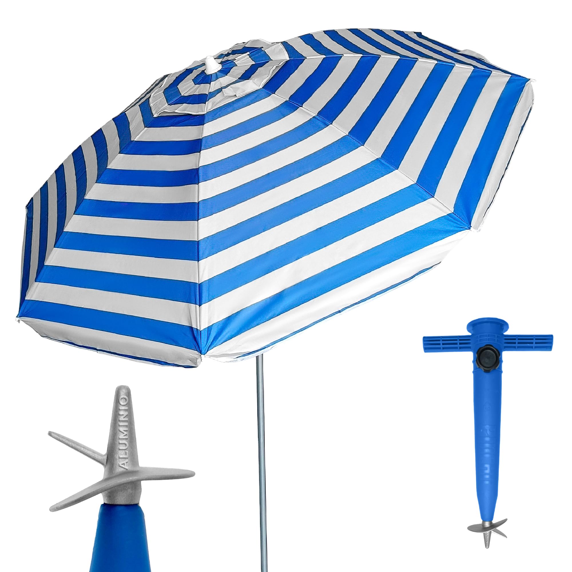 Pincho Sombrilla Playa Grande 200 cm, Antiviento con Protección UV50+, Tubo de Aluminio y 8 Varillas de Fibra de Vidrio, Reclinable con Ventana Superior, Incluye Punta de Aluminio.