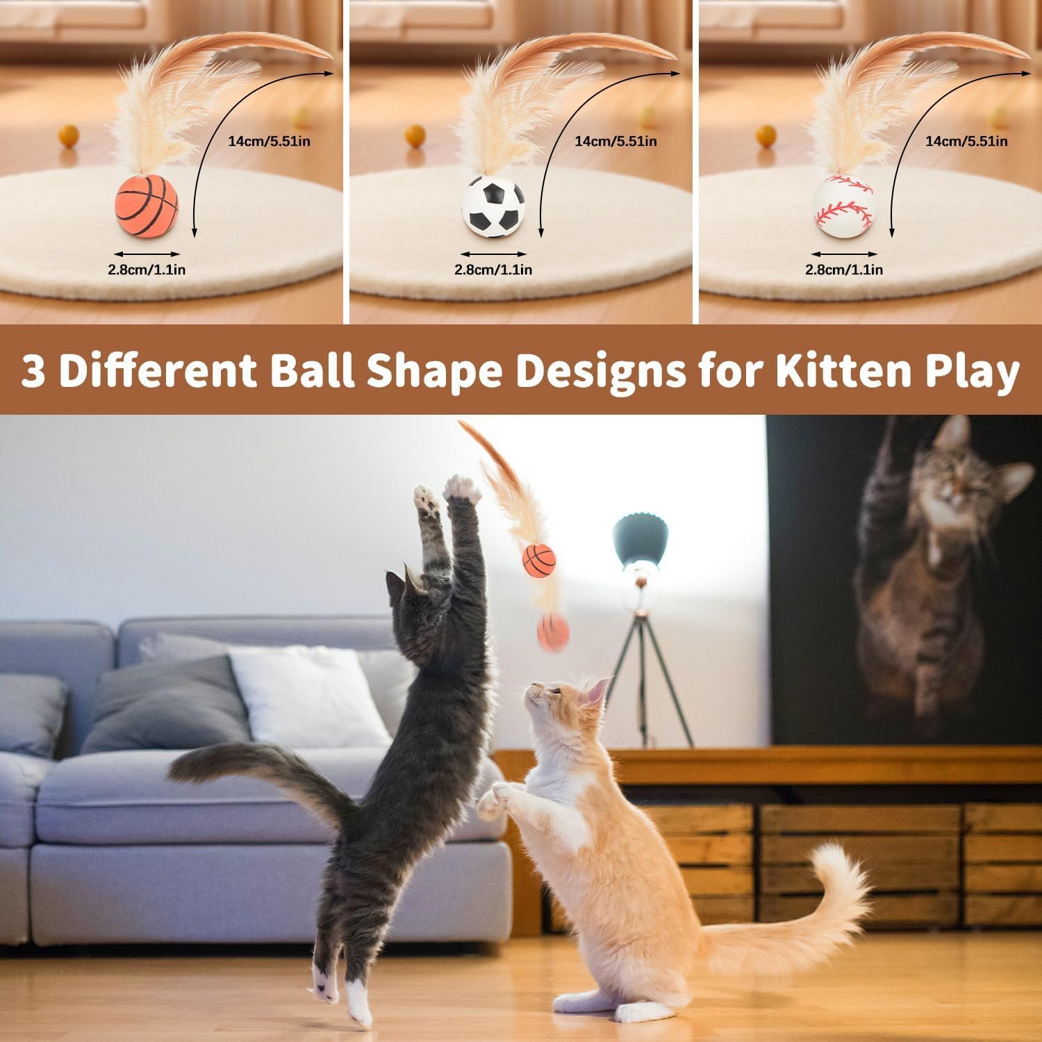 Pack De 3 Pelotas Con Plumas Para Gatos - Juguetes Interactivos Para Mascotas - Ideal Para Interior Y Exterior