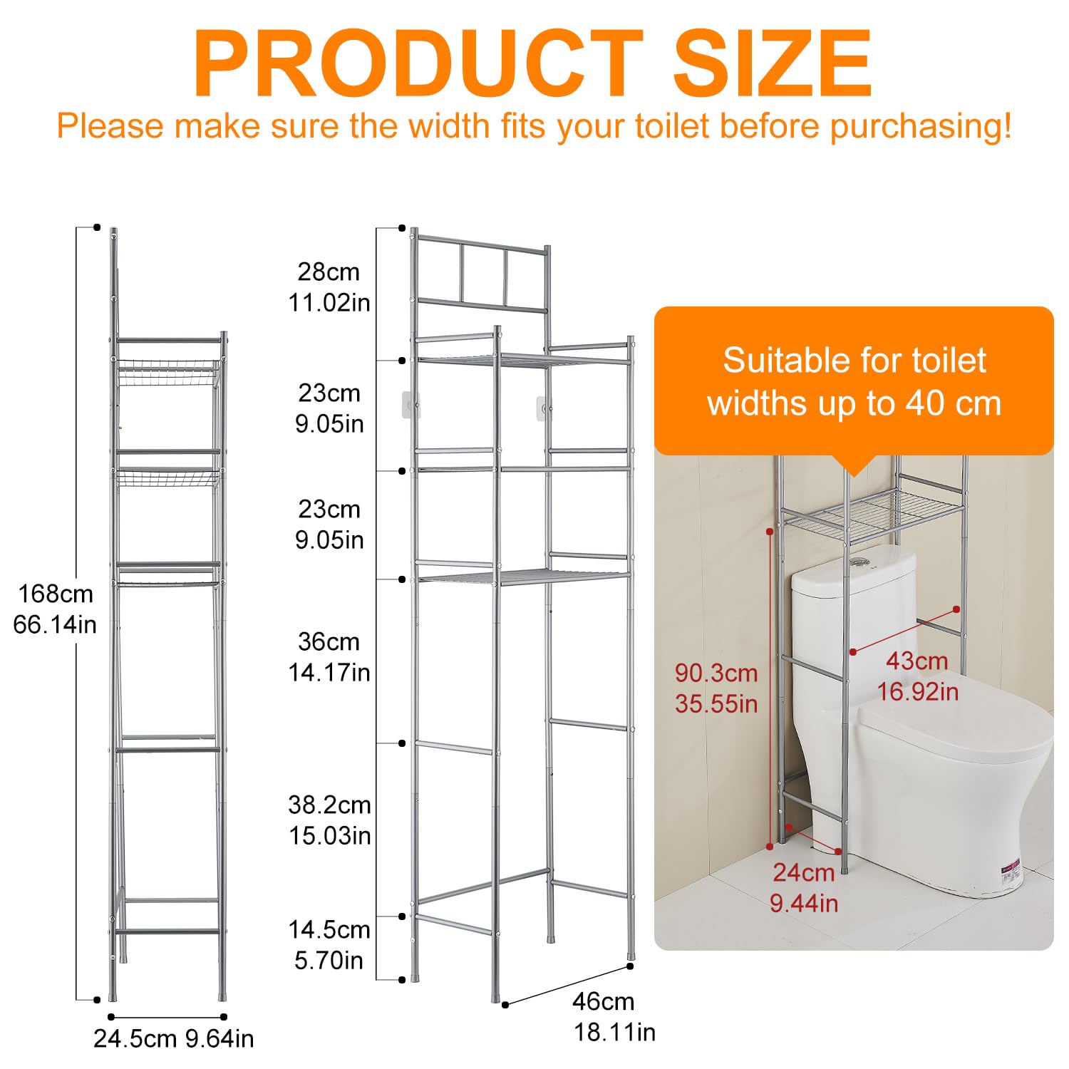 Mobile Sopra WC, Scaffale Sopra Toilette a 3 Livelli | Mensola Portaoggetti Indipendente Metallo, Mobile Bagno Sopra WC Salvaspazio Multifunzione, Scaffale Sopra Lavatrice, Grigio