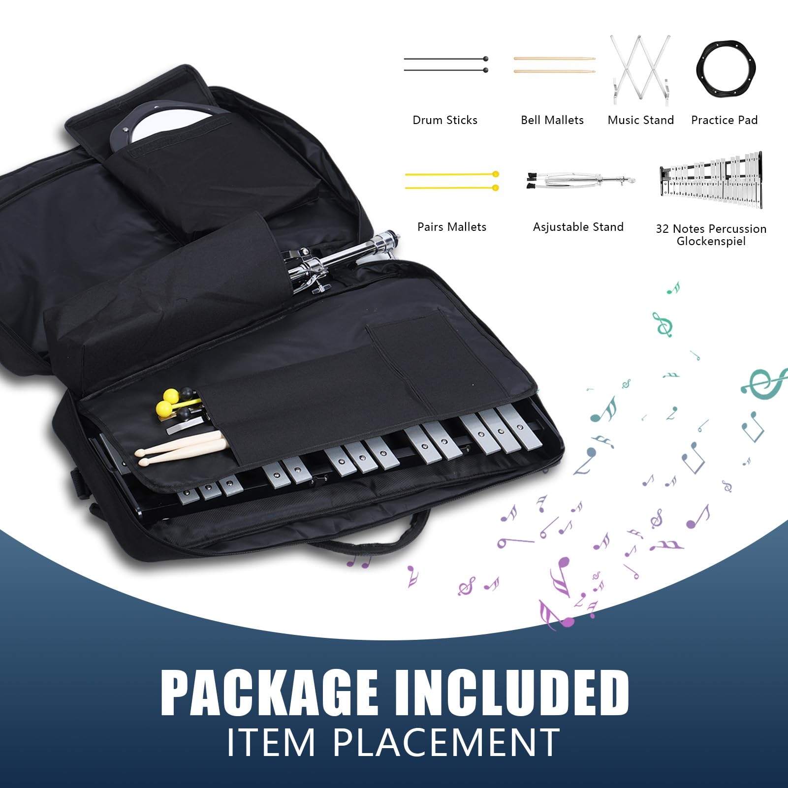 Kit per glockenspiel a 32 note, strumenti a percussione xilofono con piastra in alluminio con supporto regolabile in altezza, mazze da allenamento e bacchette in legno, borsa per il trasporto