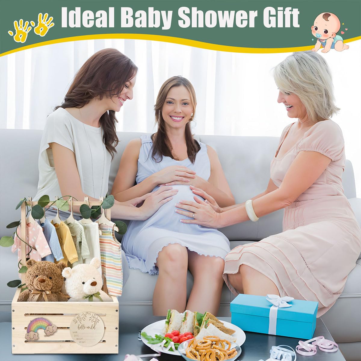 GaliGali Drewniana szafka na baby shower, kosz prezentowy dla noworodka z uchwytem i girlandą dla dzieci, pudełko do przechowywania ujawnienia płci, spersonalizowany prezent dla dzieci w ciąży dla
