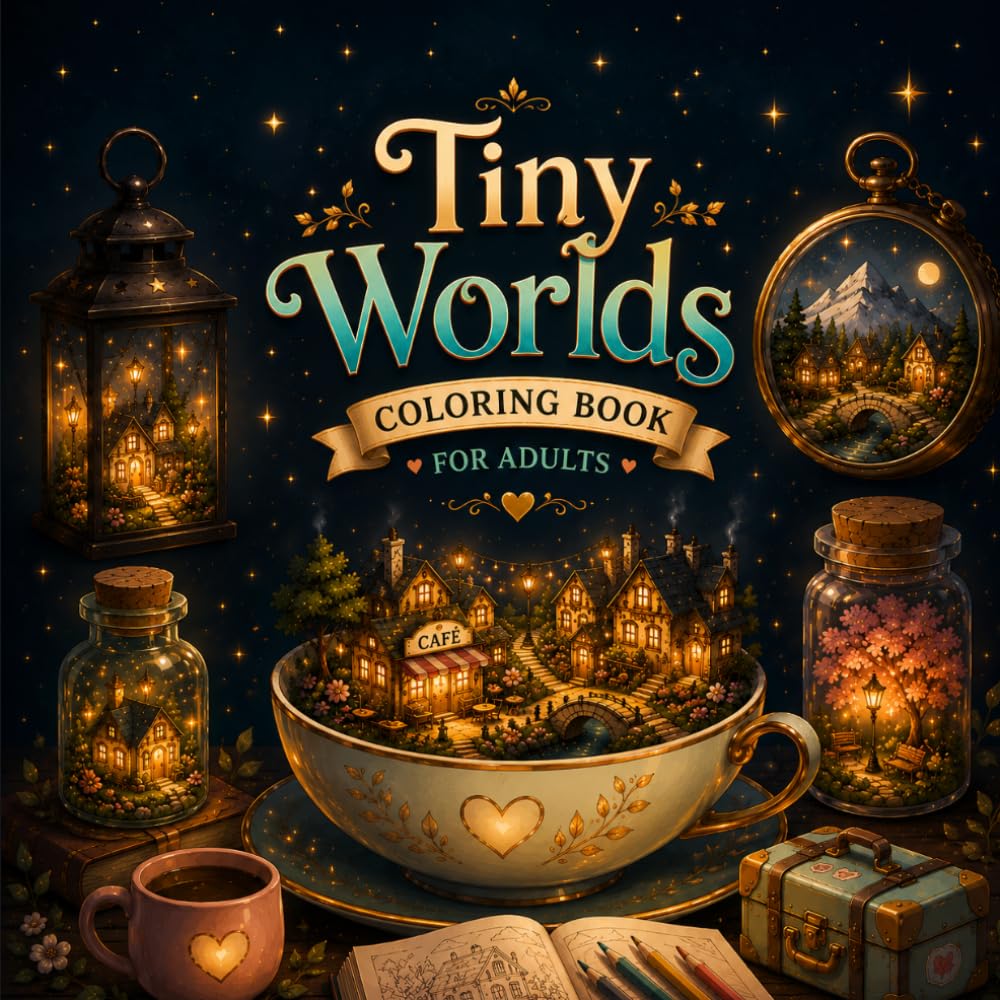 Tiny Worlds Coloring Book for Adults: Cozy Miniature Scenes Hidden Inside Everyday Objects for Relaxation and Stress Relief