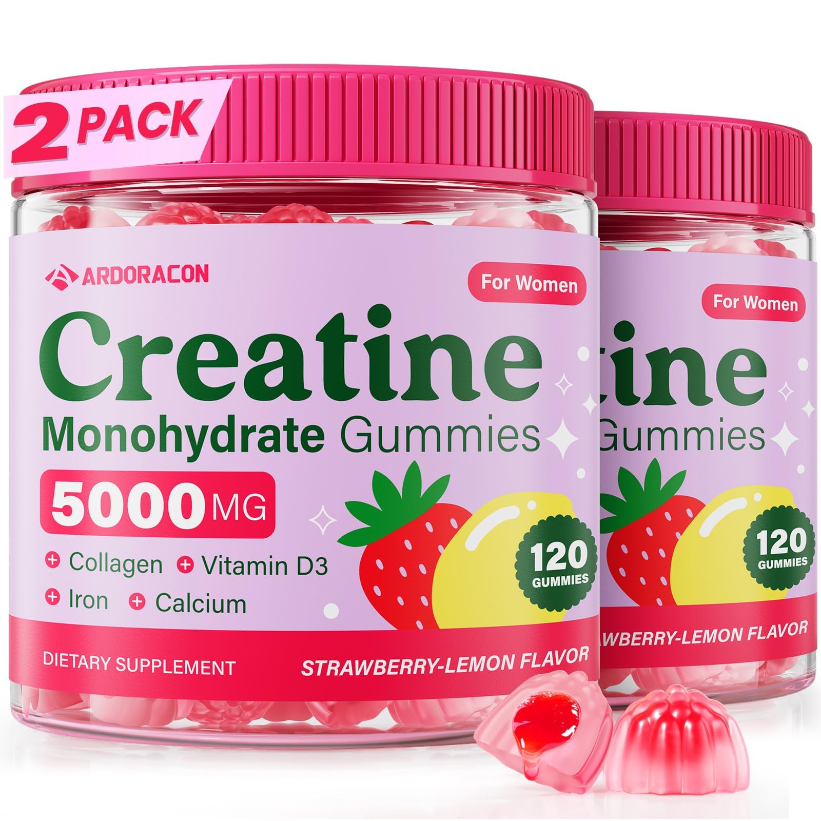 ARDORACON Suplemento para mulheres em gomas, creatina monohidratada 5.000 mg, colágeno, vitamina D3 e cálcio, 240 gomas
