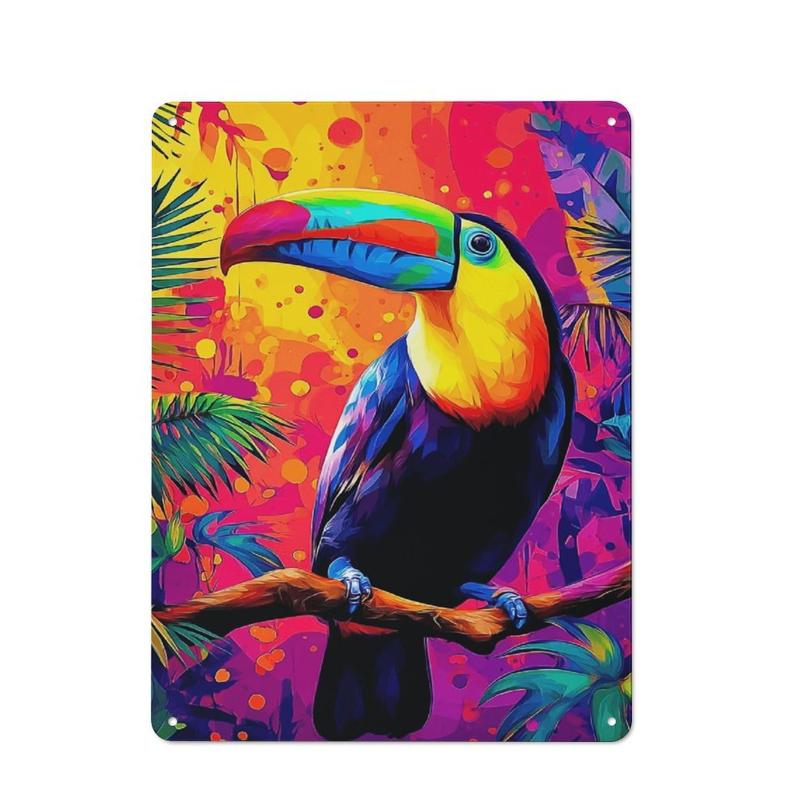 Metal Wall Sign 40x30cm Featuring Vibrant Toucan in Tropical Paradise -3 for Home Bar Wall, Housewarming Present for People Styling Home Bar