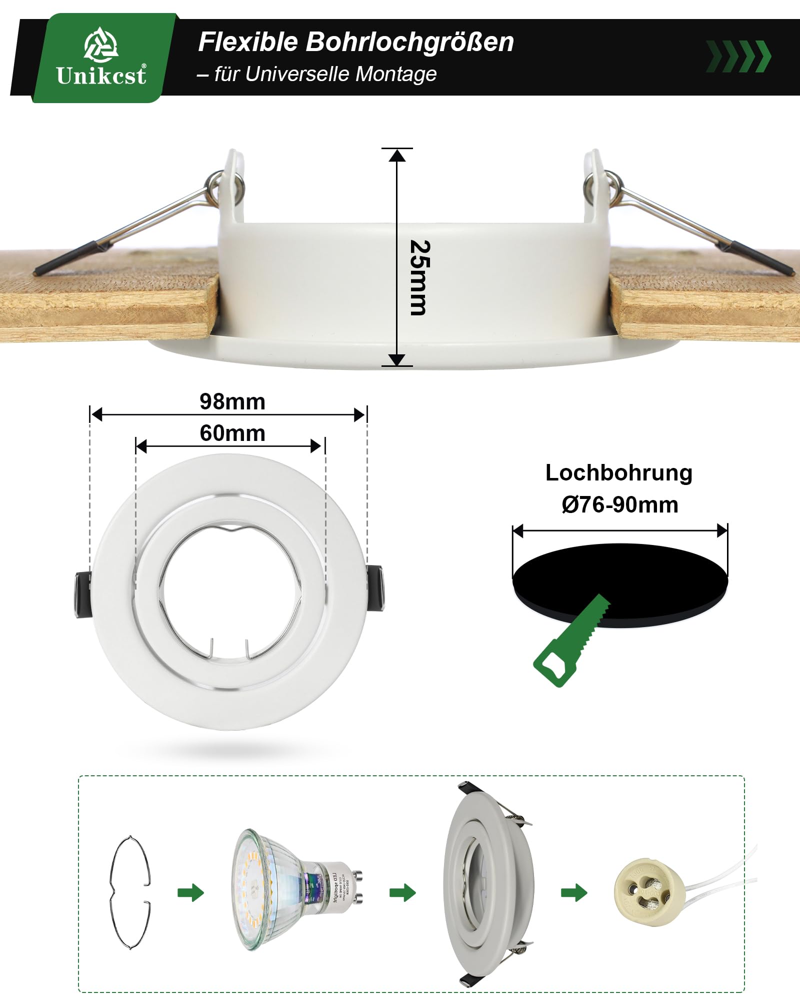 6er LED Einbaustrahler Rahmen GU10 Schwenkbar Einbaurahmen Matt-weiß Einbauspots mit GU10 Fassung Metall Rund Einbauleuchten Decke LED Lochdurchmesser 98mm für Küche Wohnzimmer Messehallen