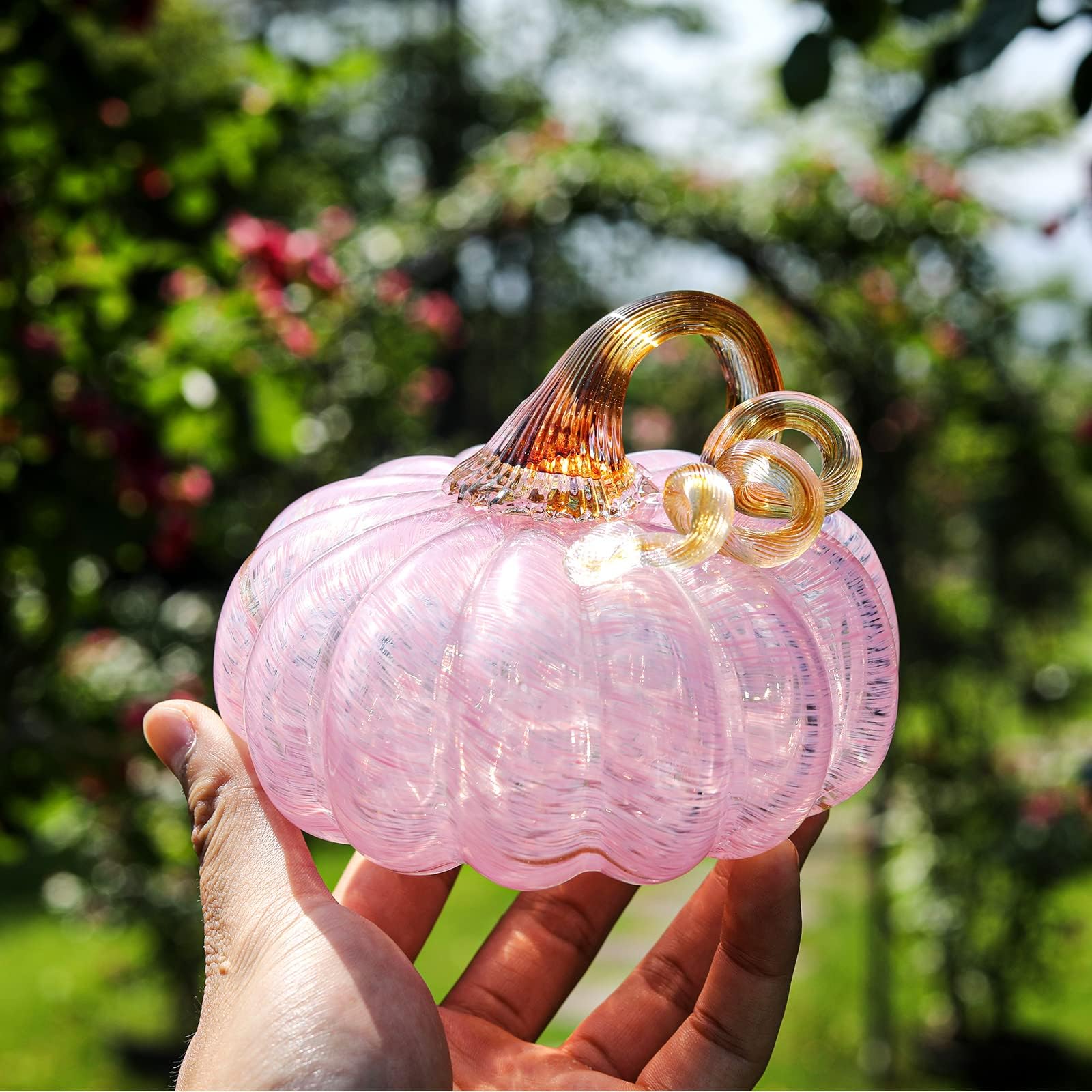LONGWIN Hand Blown Glass Pink Pumpkin Figurines 5.2 x 3.7 Inch Crystal Fake Pumpkin Home Decor Collectible Figurine Home Decorations for Tabletop Halloween Thanksgiving - Image 2