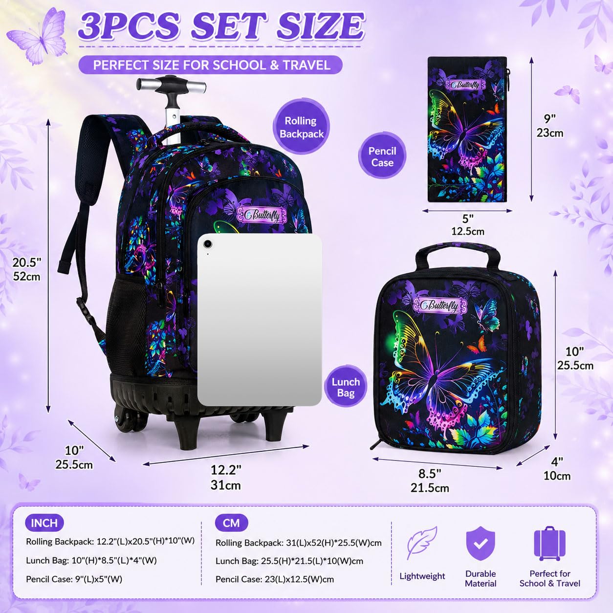 Mochila con ruedas de 3 piezas para niñas y mujeres, mochila con ruedas para niños, juego de mochilas con ruedas de mariposa para niños pequeños de primaria (negro), Negro mariposa, 48,26 cm,