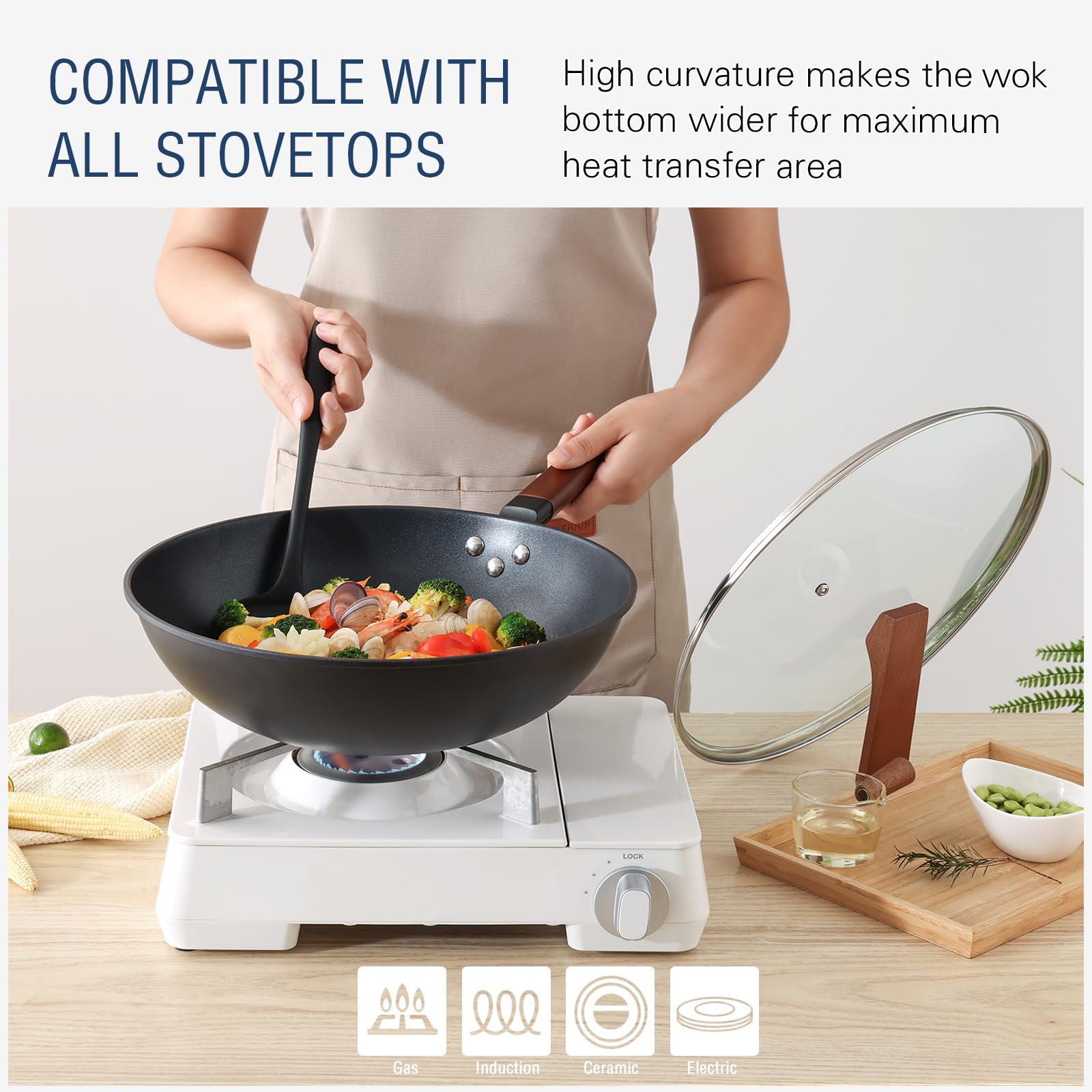Kordisen Non-Stick Wok 33 cm/5,6 L z Pokrywką, Bez Powłoki Chemicznej, Wstępnie Przyprawiony Wok, Odpowiedni do Indukcji/Elektryczności/Gazu