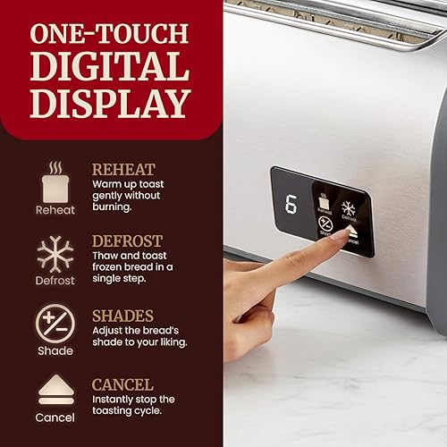 Miniatura 5 de Elite Gourmet ECT4200D Tostadora digital de ranura larga de 4 rebanadas, pantalla táctil, 6 tonos tostados, funciones de descongelación,