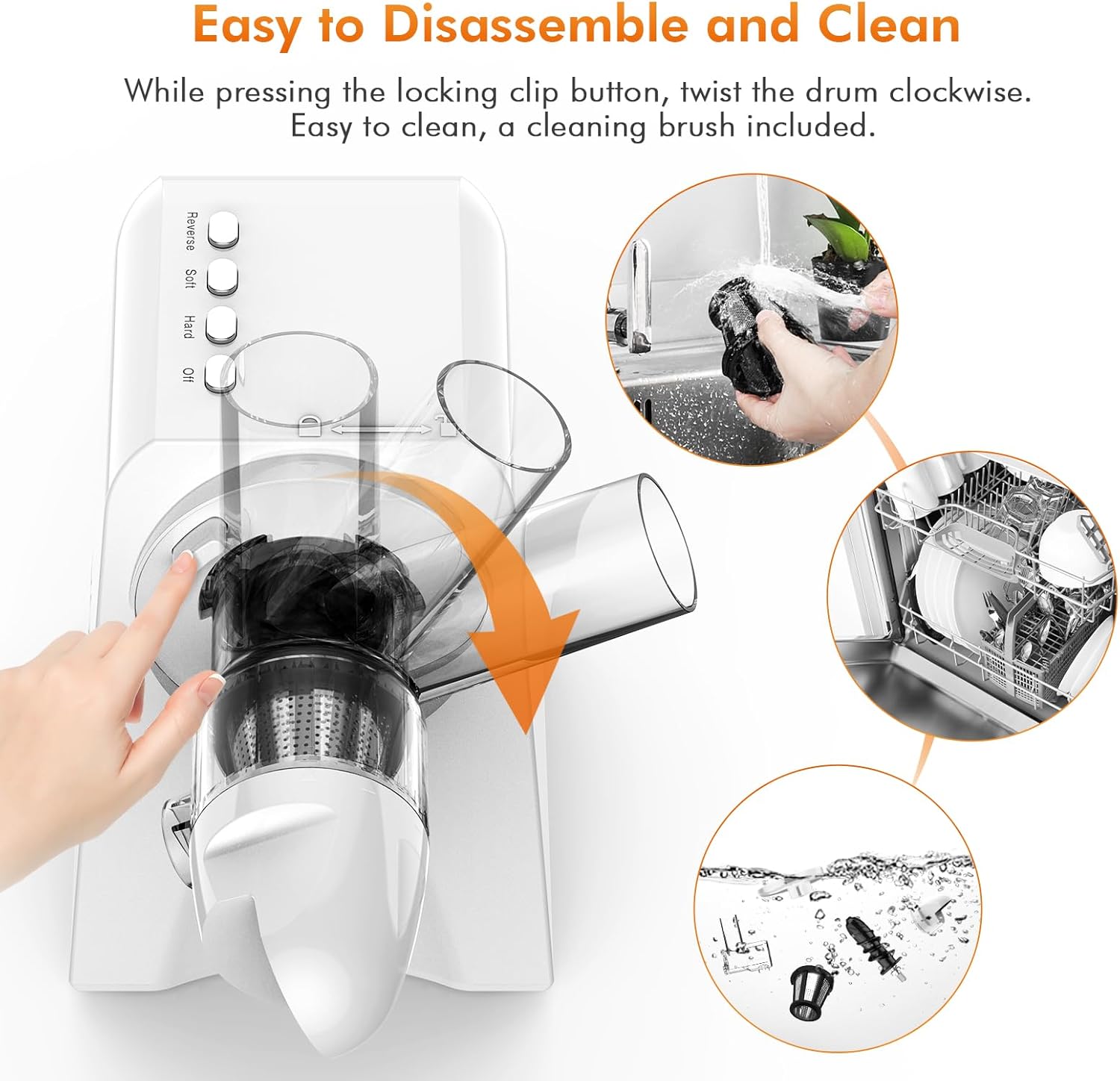 Diagram showing the easy disassembly process of the juicer and various cleaning methods including rinsing by hand and dishwasher use.