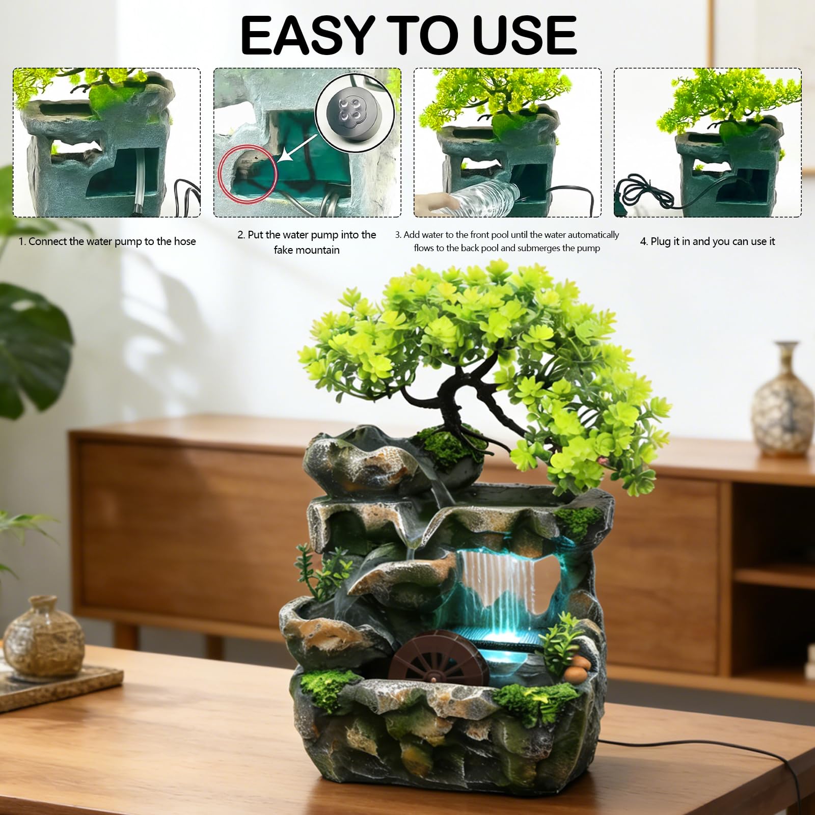 Fontaine d'intérieur avec éclairage LED, Fontaine de Table d'eau en Rocaille Cascade de Bureau Cascade de méditation Zen Fontaine de Bureau avec Plantes Décoration pour Salon