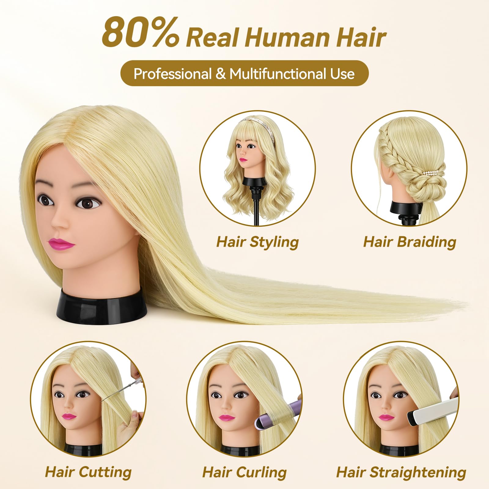 Friseurkopf, 61 cm, 80 % menschliches Training, Echthaar, Puppenkopf für Haarstyling mit Tischklemme, Übungs-Styling-Kopf, Puppe mit Haarstyling-Set für Friseursalons