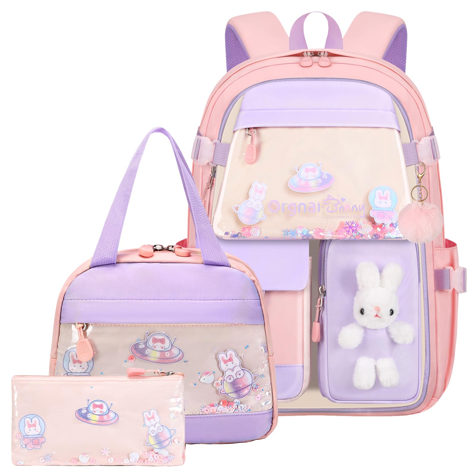 KBGPW 3pcs Girls Backpack With Lunch Box & Pencil Case,Cute Rabbit Kids School Backpack Set For Kindergarten & Elementary School (Style A Pink-16.5in)