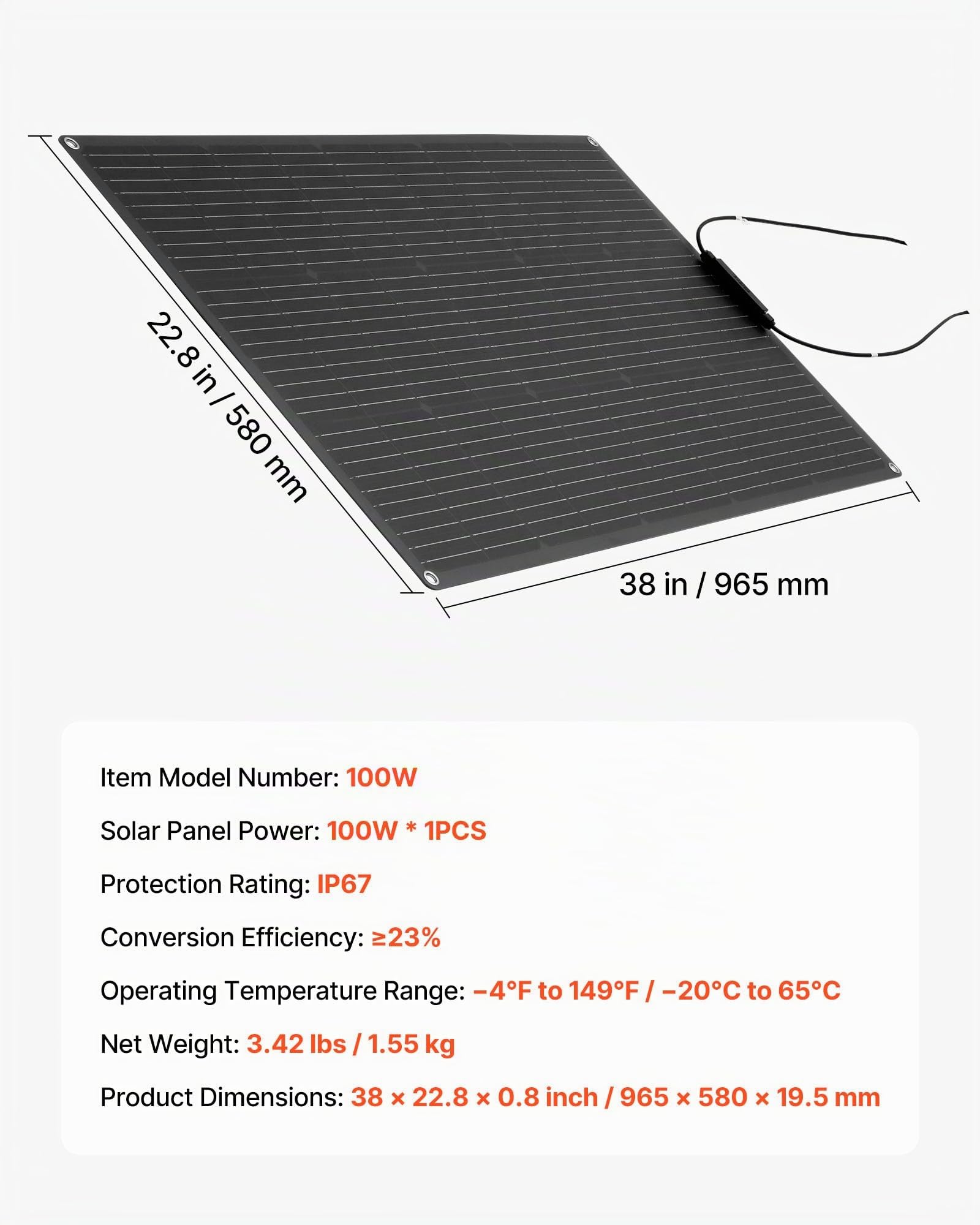 VEVOR Panneau Solaire Monocristallin Semi Flexible 100 W Panneau Solaire Souple Rendement 23% Chargeur Hors Réseau pour Surfaces Courbes Bateau, Camping-car, Voiture, avec Sortie MC4, Étanche IP67