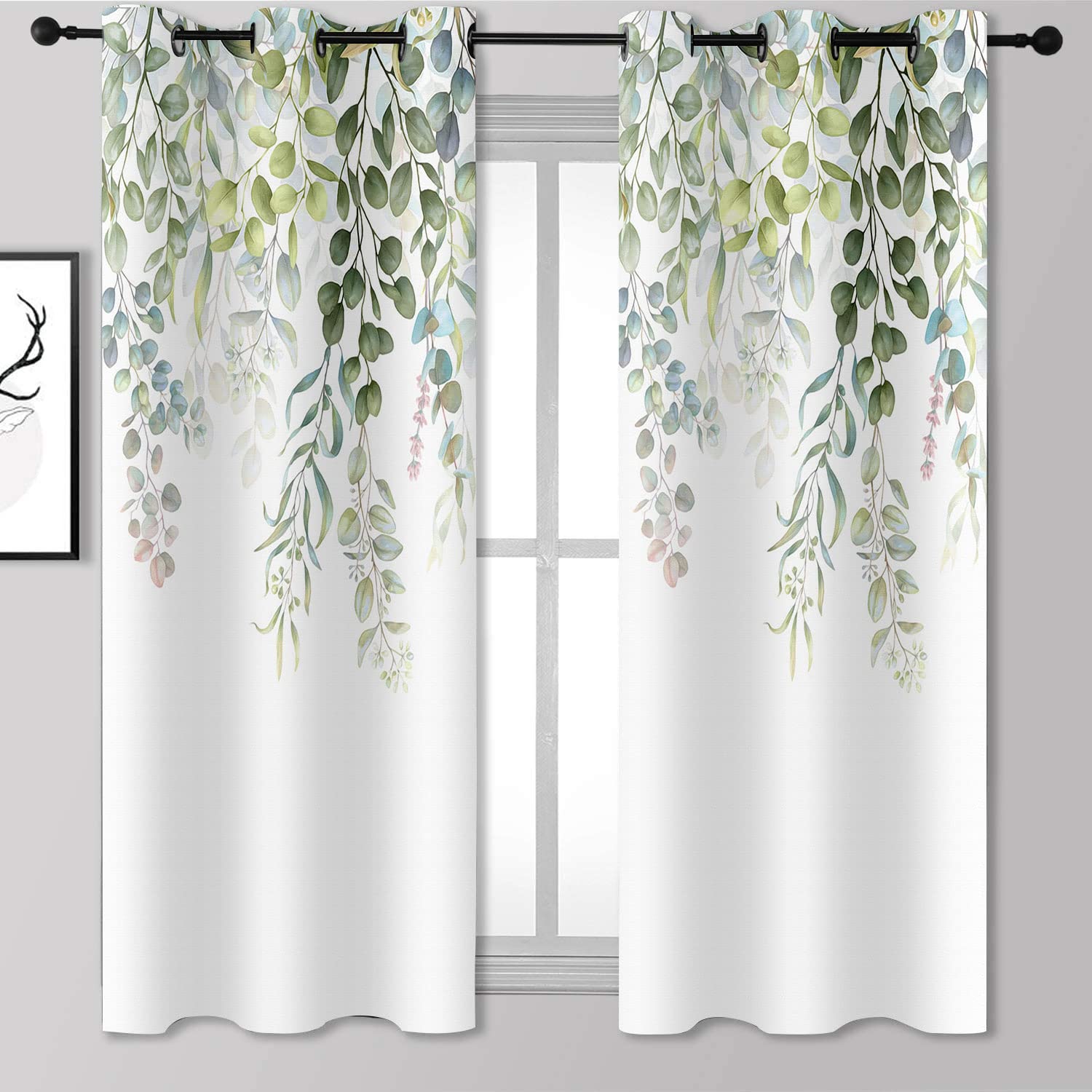BSPPTI Eucalyptus Curtains, Weeping Green Succulent Plant Flower Room Darkening Thermal Insulated Polyester Fabric, Grommets Window Drapes for Living,