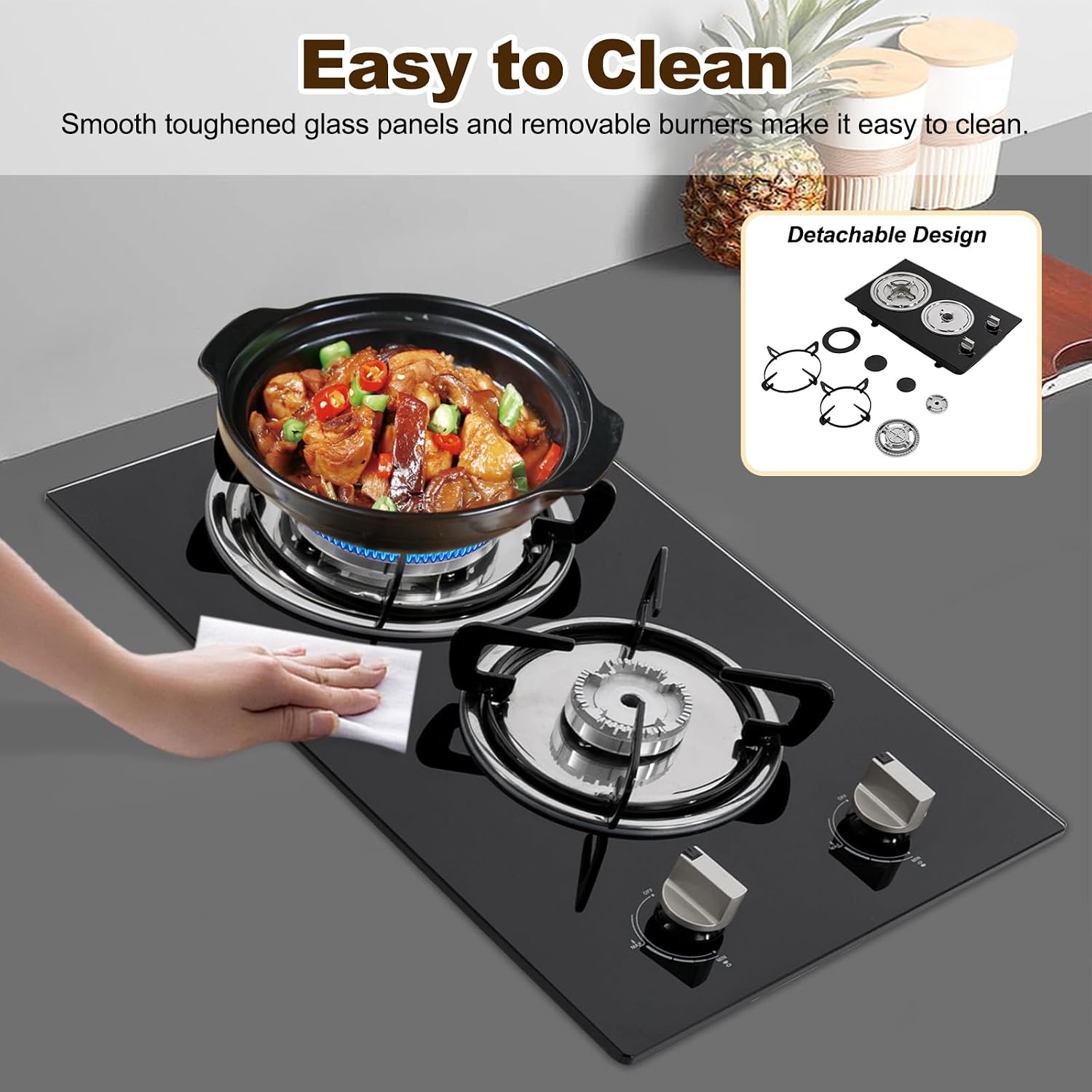 2 Burner Gas Cooktop, Gas Stove Top with 2 Burner Camping Burner Built-In Ga s Stovetop for Home Kitchens, RV, Apartments, Restaurants, Hotels, Homestays, Schools