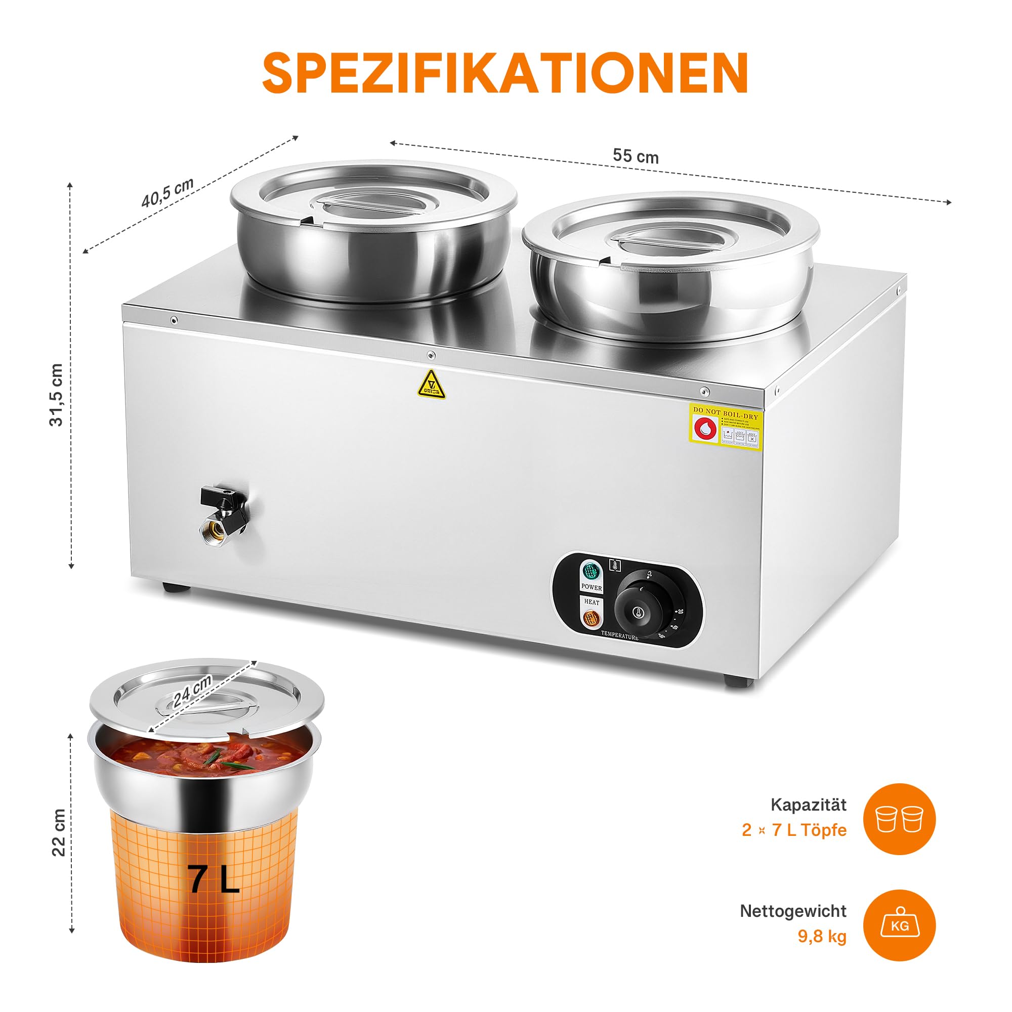 Wilprep Chafing Dish Elektrisch 14L (2 X 7L Rund) Profi Gastro Speisewärmer Buffetwärmer Elektrische Warmhaltebehälter Bain Marie mit Ablaufhahn & Deckel, 1500W 30-85°C Edelstahl für Buffets, Hotels