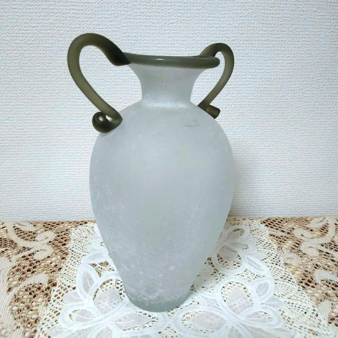 琉球ガラス 花瓶 2000年代ビンテージ 白色磨りガラスグレーハンドル