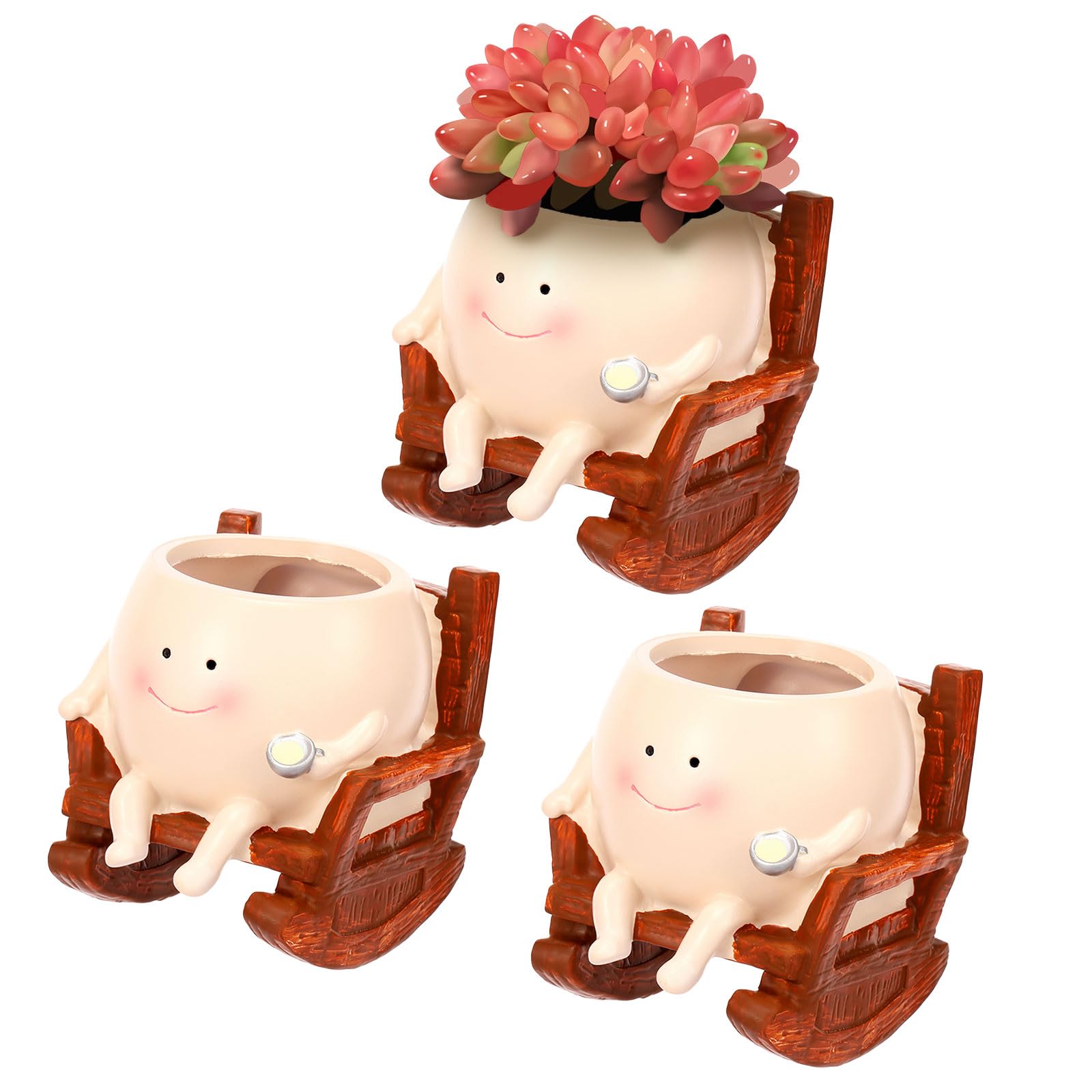 NZWBSHSSP 3Pcs Smile Face Planter Pot Resin Sit Flower Pot with Drainage Hole Funny Succulent Pots, Rocking Chair Plant Pots for Indoor Outdoor Home Decor