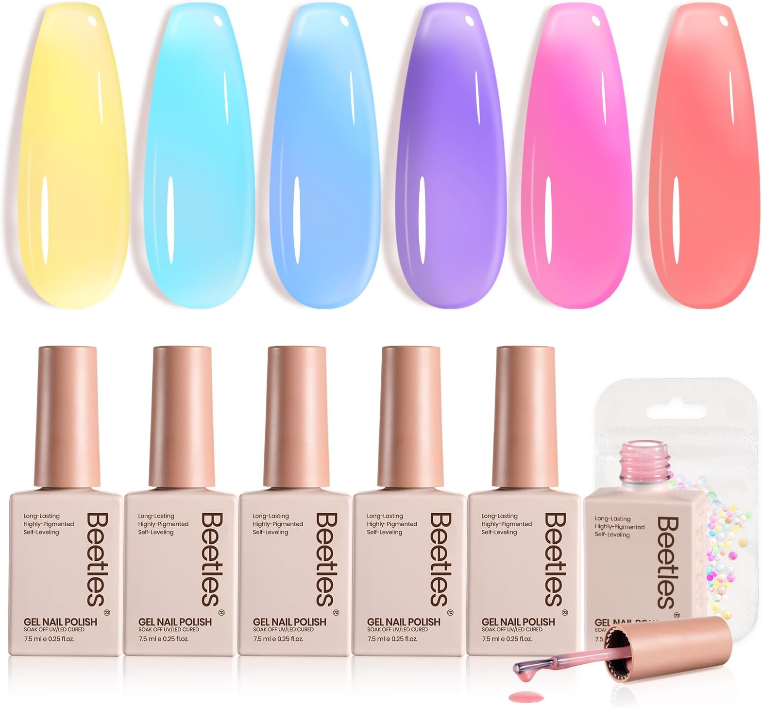 Beetles Pastel Gel Nail Polish Set, 6 Colors Jelly Pink Red Blue Green Purple Yellow Gel Polish kit Spring Summer Crystal Glass Translucent Effect Rainbow French Nail Art Soak Off UV Gift for Women