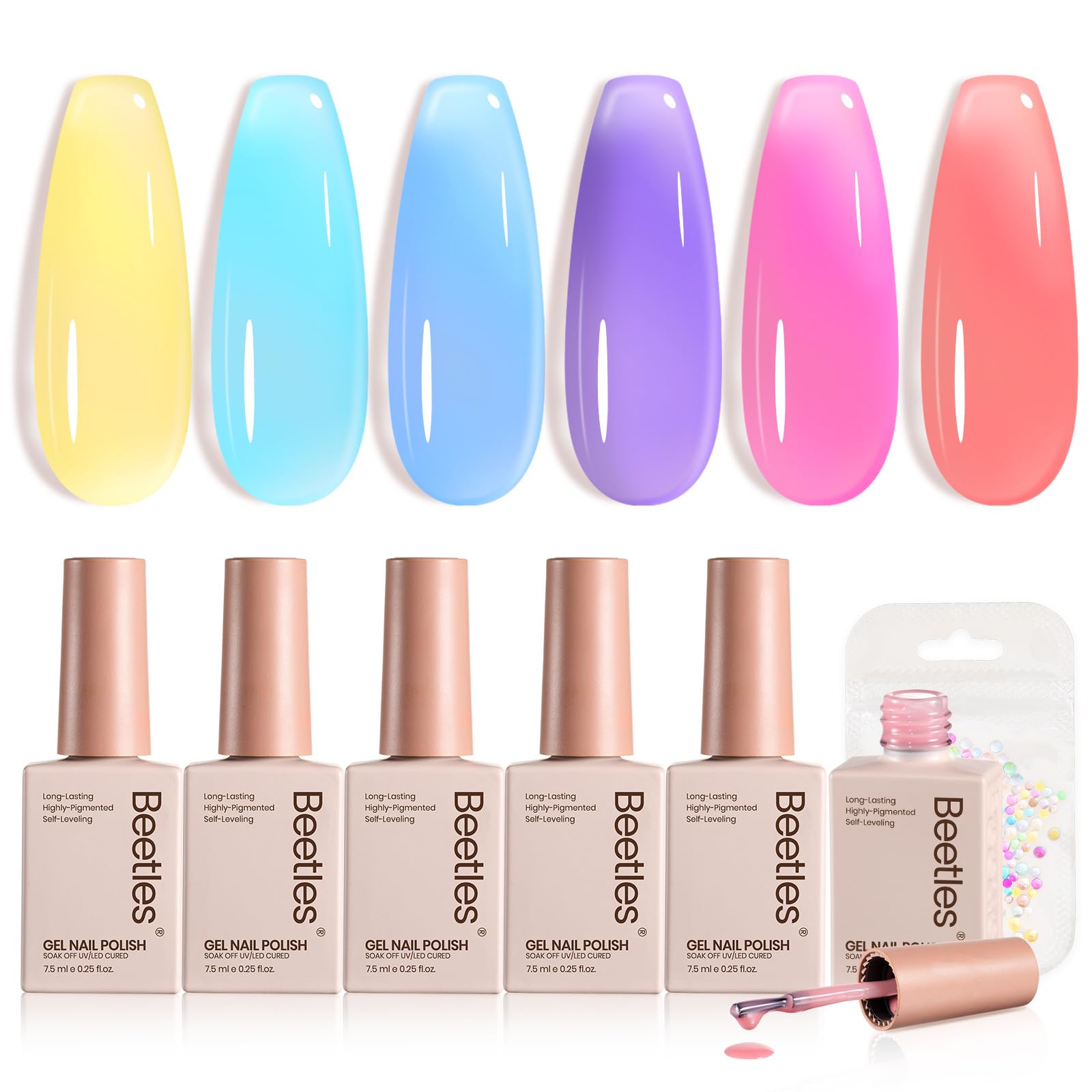 Beetles Pastel Gel Nail Polish Set, 6 Colors Jelly Pink Red Blue Green Purple Yellow Gel Polish kit Spring Summer Crystal Glass Translucent Effect Rainbow French Nail Art Soak Off UV Gift for Women