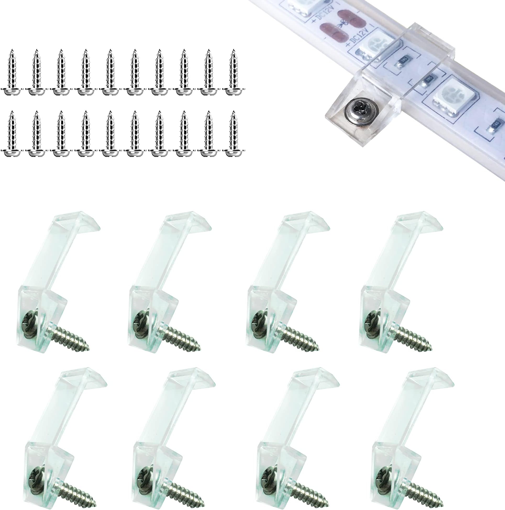 ATB- LED Light Strip Mounting Brackets,LED Strip Clips Clear Ideal for 8mm and 10mm IP65 Silicone Tube LED Strip Light,Two Screws Fixed.(100-Clips,200-Screws)