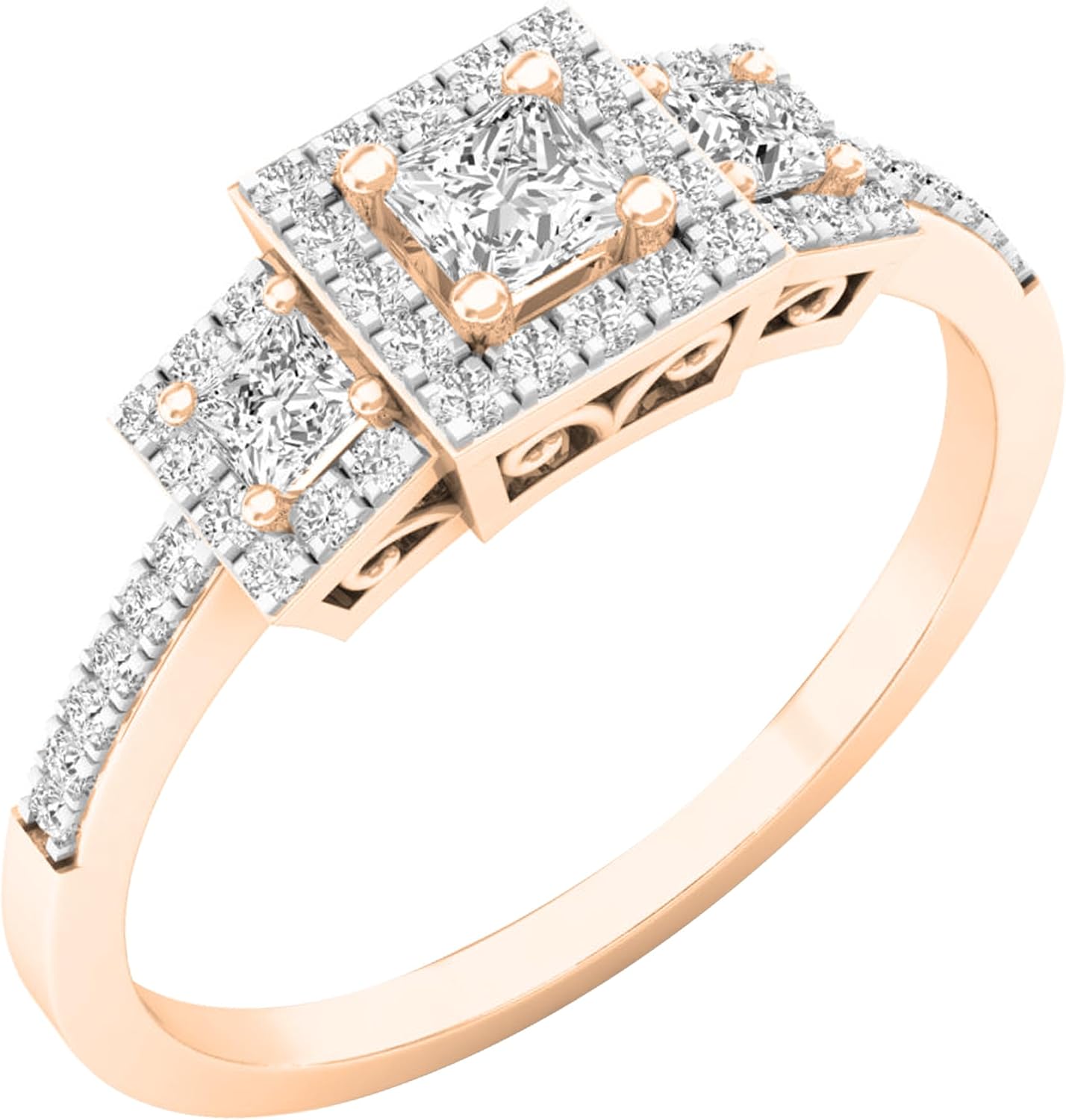 0.41 Cttw Princess & Round Lab Grown White Diamond 3 Stone Halo Filigree Vintage Bridal Engagement Ring for Her in 18K Solid Gold