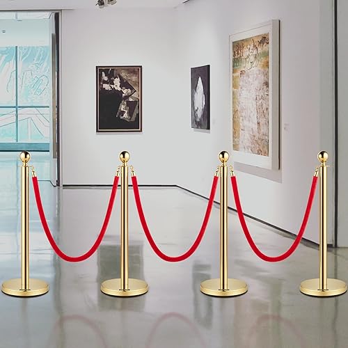 Miniatura 8 de VEVOR 4 piezas de cola de postes dorados para puntales, cuerda de terciopelo rojo de 38 pulgadas, barreras de control de multitudes, cuerda de línea