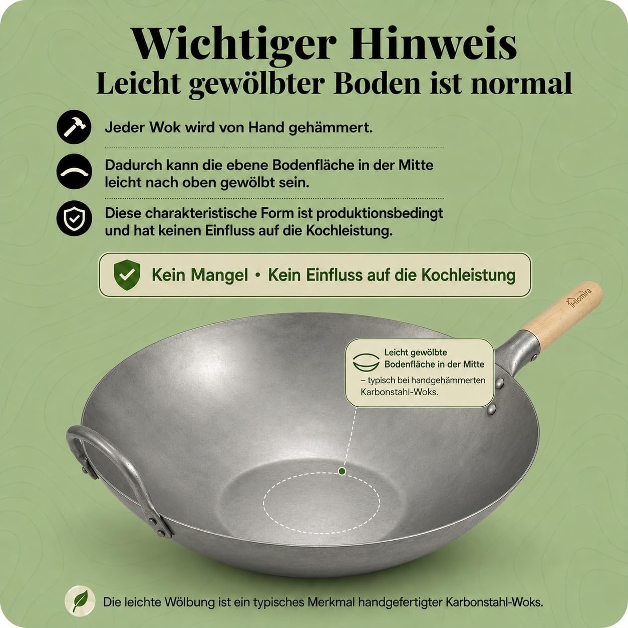 Homira Wok 36 cm handgehämmert aus Karbonstahl mit flachem Boden und Holzgriff – traditionelle PFAS-freie Wokpfanne für alle Herdarten, Gas, Grill & Outdoor (Flacher Boden)