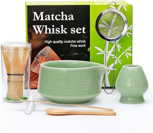 Juego de batidor de matcha, juego de 7 piezas de matcha verde incluye cuenco de matcha (19 onzas), batidor de bambú y cuchara de matcha, soporte