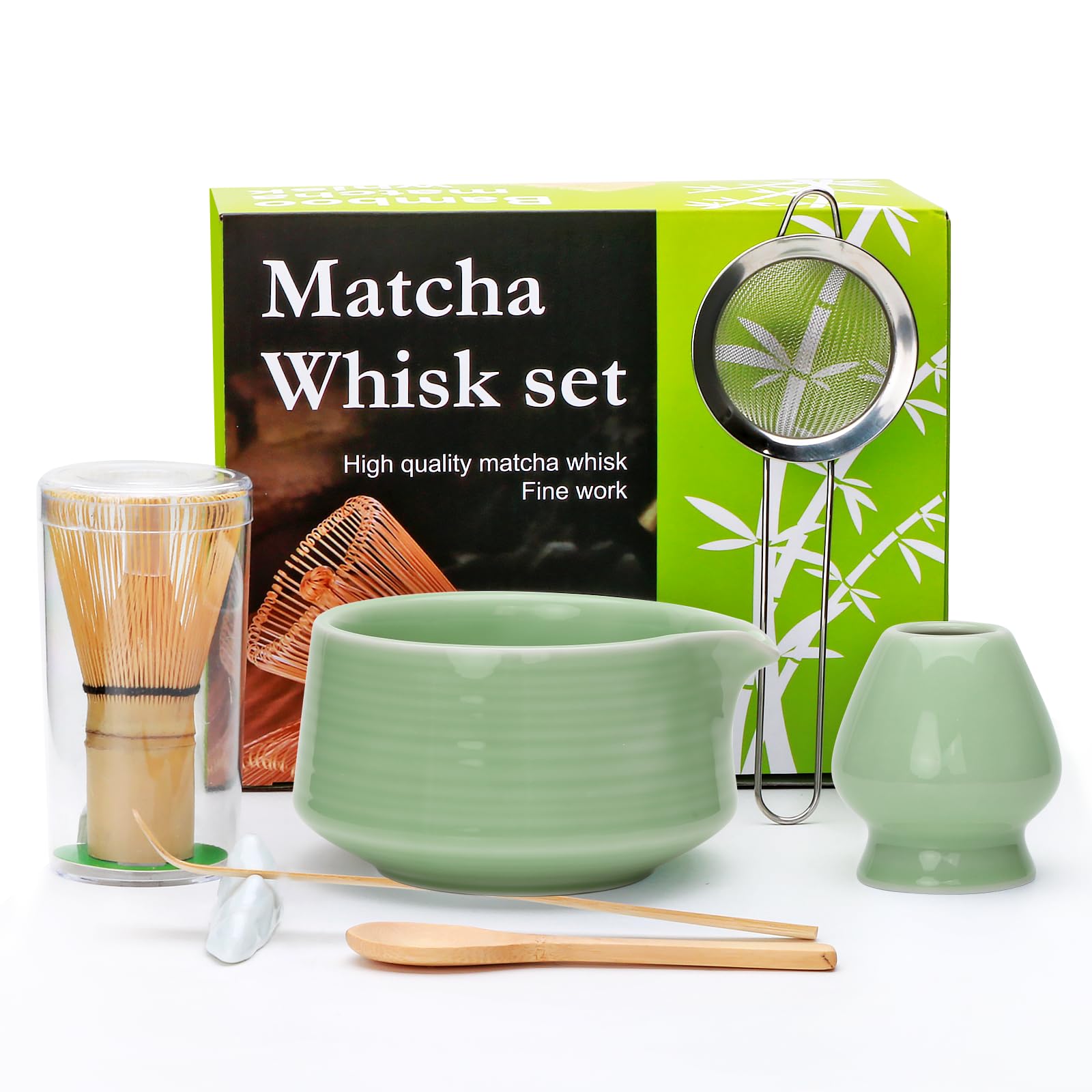 Matcha Whisk Set,7pcs Green Matcha Set includes Matcha Bowl (19 oz),Bamboo Matcha Whisk and Matcha Scoop,Matcha Whisk Holder,Stainless Steel Sifter,Tea Making Tools,Matcha Kit Gift for Matcha Lovers