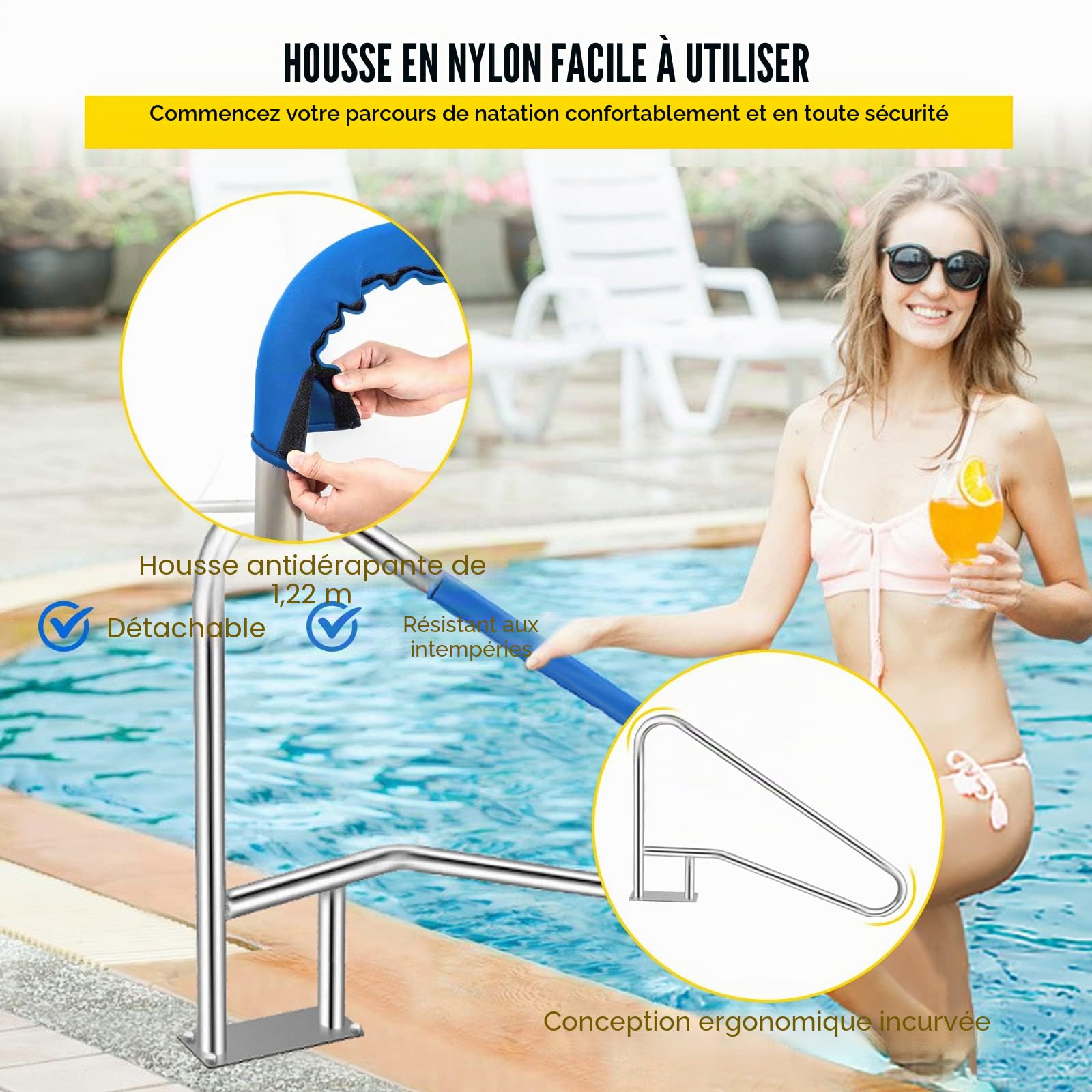 VEVOR Rampe Piscine INOX Main Courante Rail Barre d'Appui de Piscines Tube avec Housse Poignée pour Sortie Entrée Piscine Spa Parc Aquatique (54 x 36 Pouce / 137 x 91,4 cm) BXGYCFS4W54X36YC1