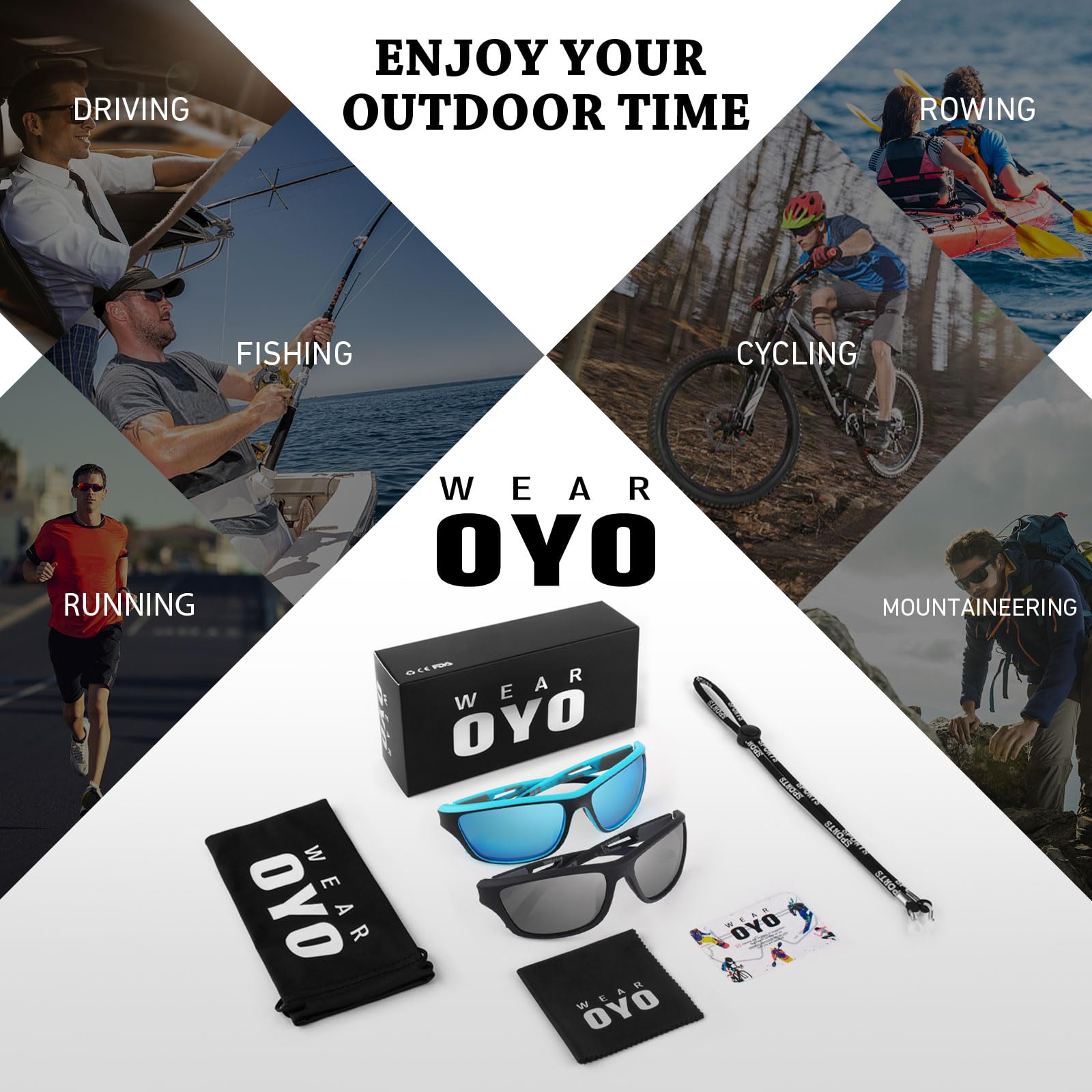 Occhiali da sole sportivi polarizzati per uomo e donna, occhiali rettangolari per pesca e guida, protezione UV400, montatura nera e blu, lenti a specchio blu ghiaccio + montatura nera/lente