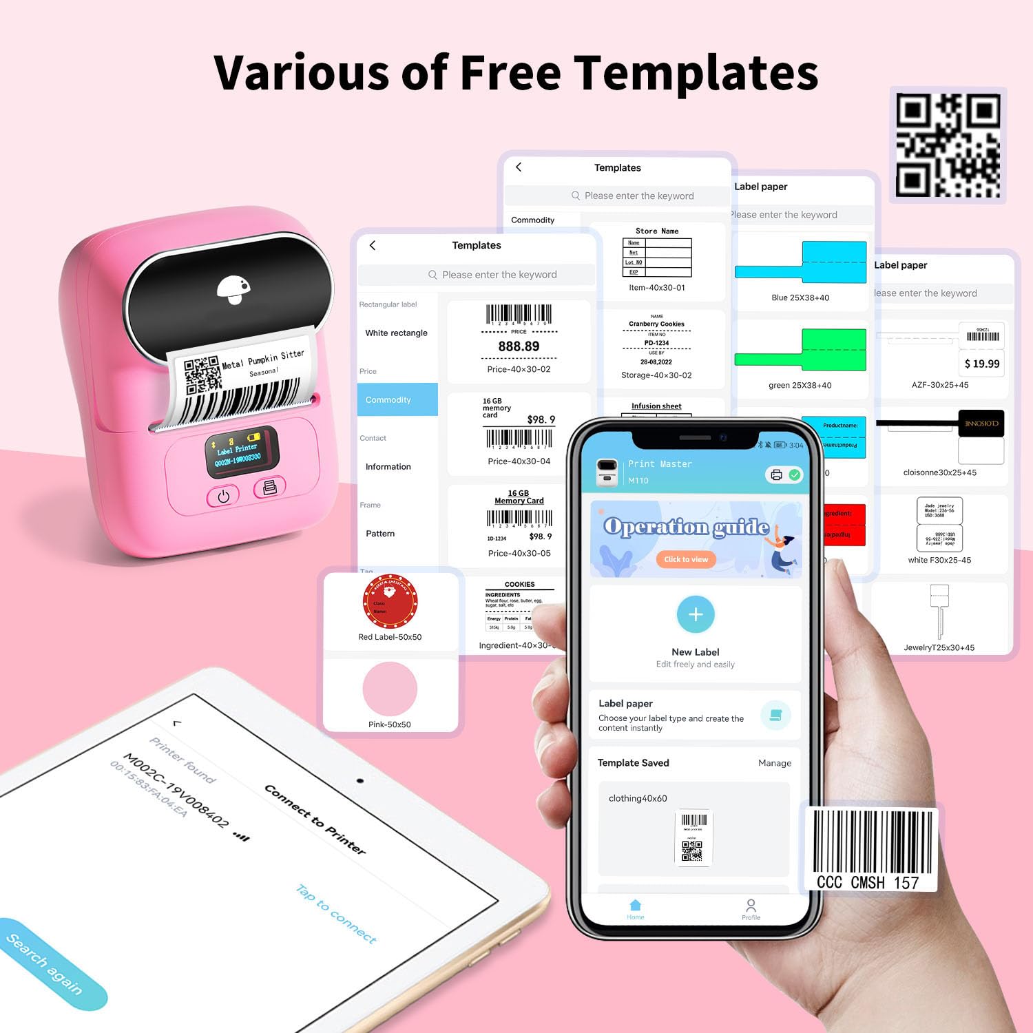Phomemo M110 Impresora De Etiquetas, Bluetooth Impresora De Etiquetas TéRmica Impresora Etiquetas Autoadhesivas, Compatible Con Android e iOS, Adecuado Para CóDigo De Hogar, Oficina, Comercio, Rosa