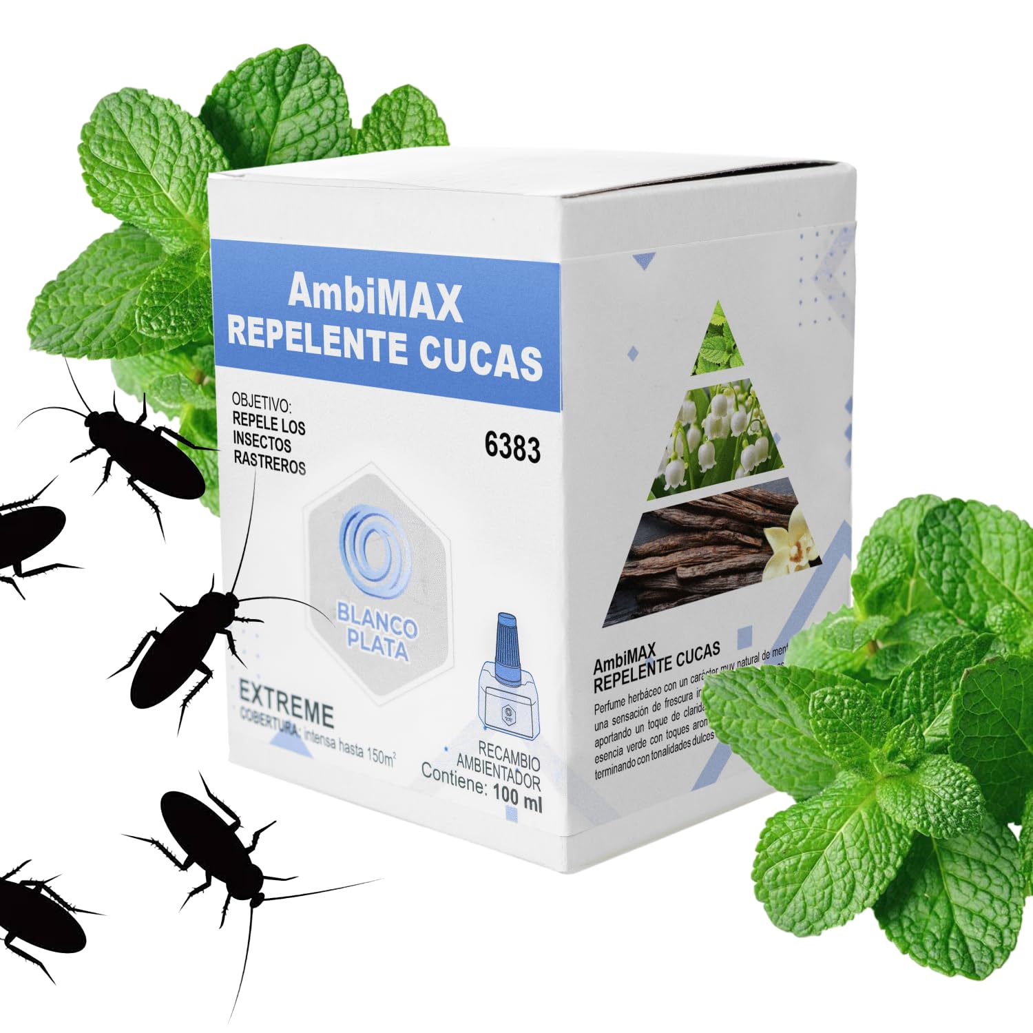 Ambimax Ambientador Cucas Ahuyenta cucarachas. Aroma eucalipto. Pack Aparato con luz led y 1 recambio. 30 días de duración 150m2 de cobertura. Bares, restaurantes, almacenes