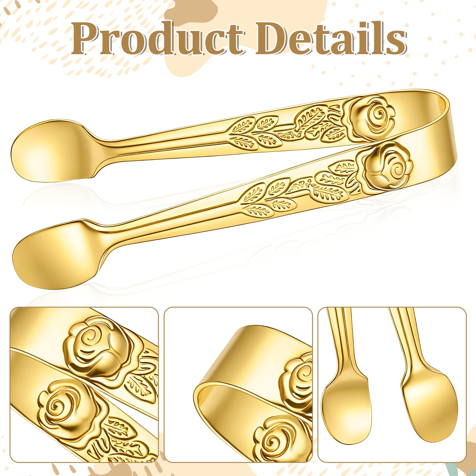 2 pinzas de hielo de 4 pulgadas, mini pinzas de acero inoxidable dorado para azúcar, mini pinzas doradas para aperitivos, cubos de azúcar, bar, postres, cafetería