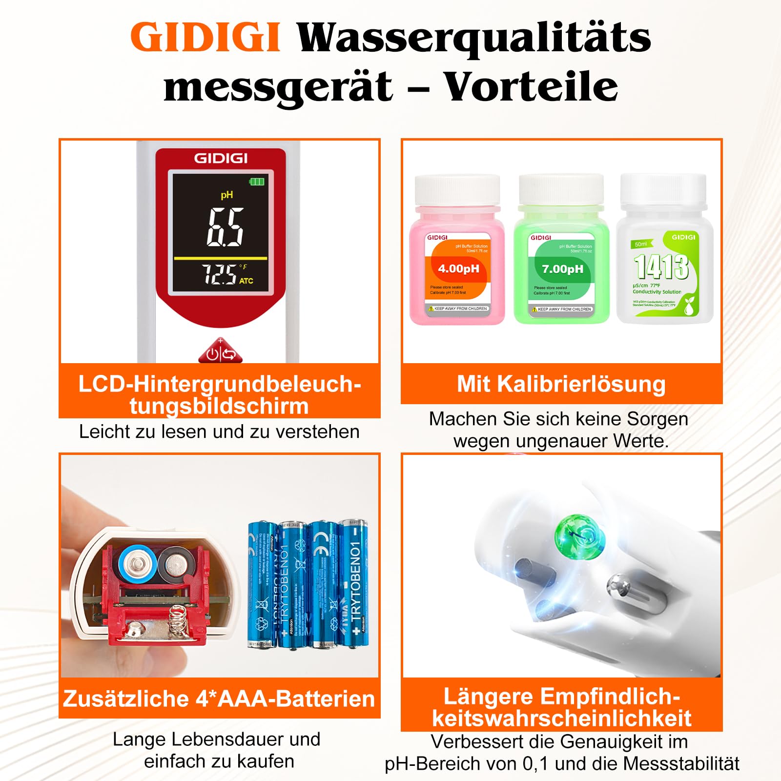 pH EC Messgerät für Hydrokultur, Digitales pH, TDS, EC, ppm Messgerät mit Farbdisplay, Hochpräzise pH Stiftsonde für Trinkwasser, Nährlösungen, Aquarien, Pools und den Hausgebrauch
