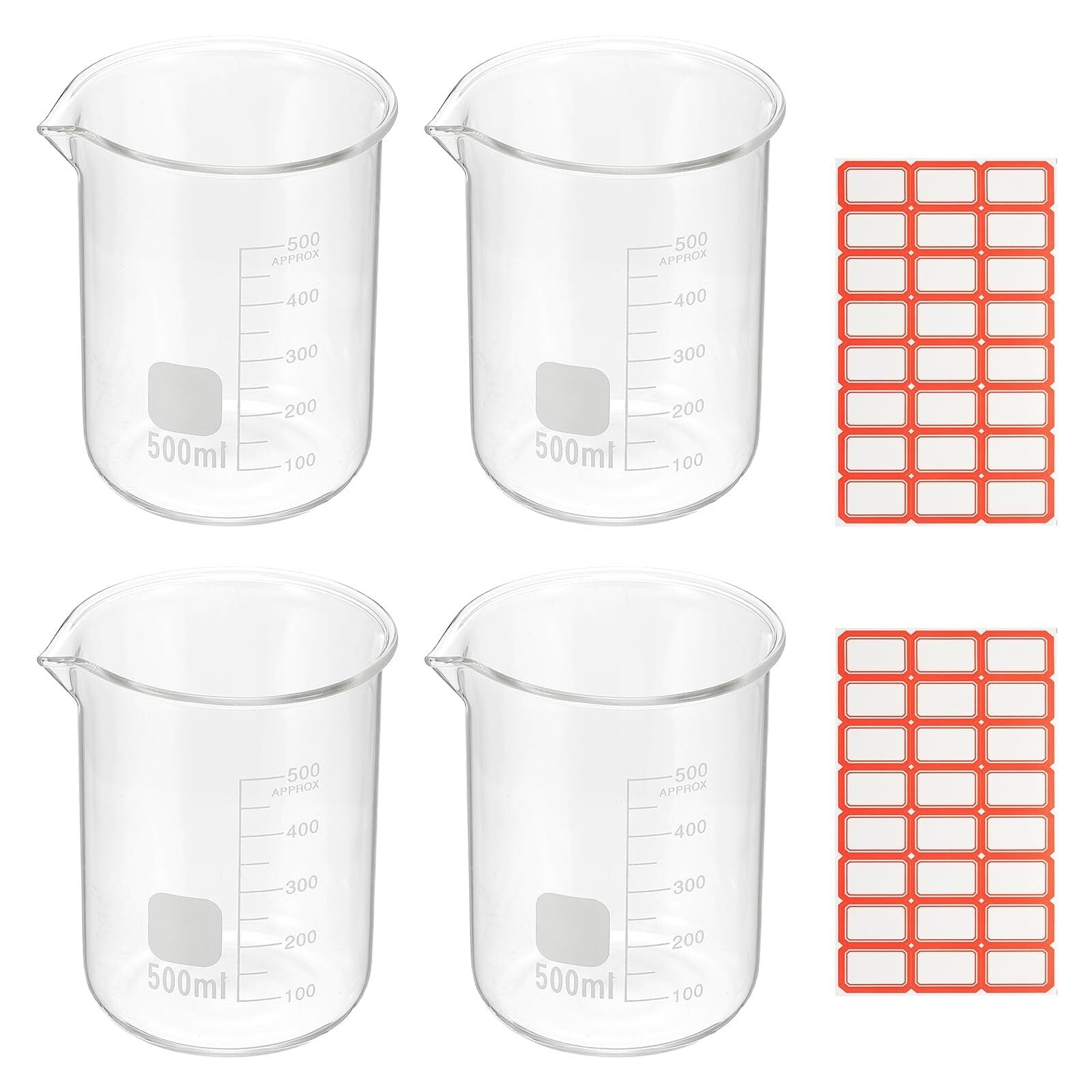 Zlewka laboratoryjna, Zlewka ze szkła borokrzemowego o pojemności 5 ml, 4 opakowania z podziałką, miarka laboratoryjna(500ml)
