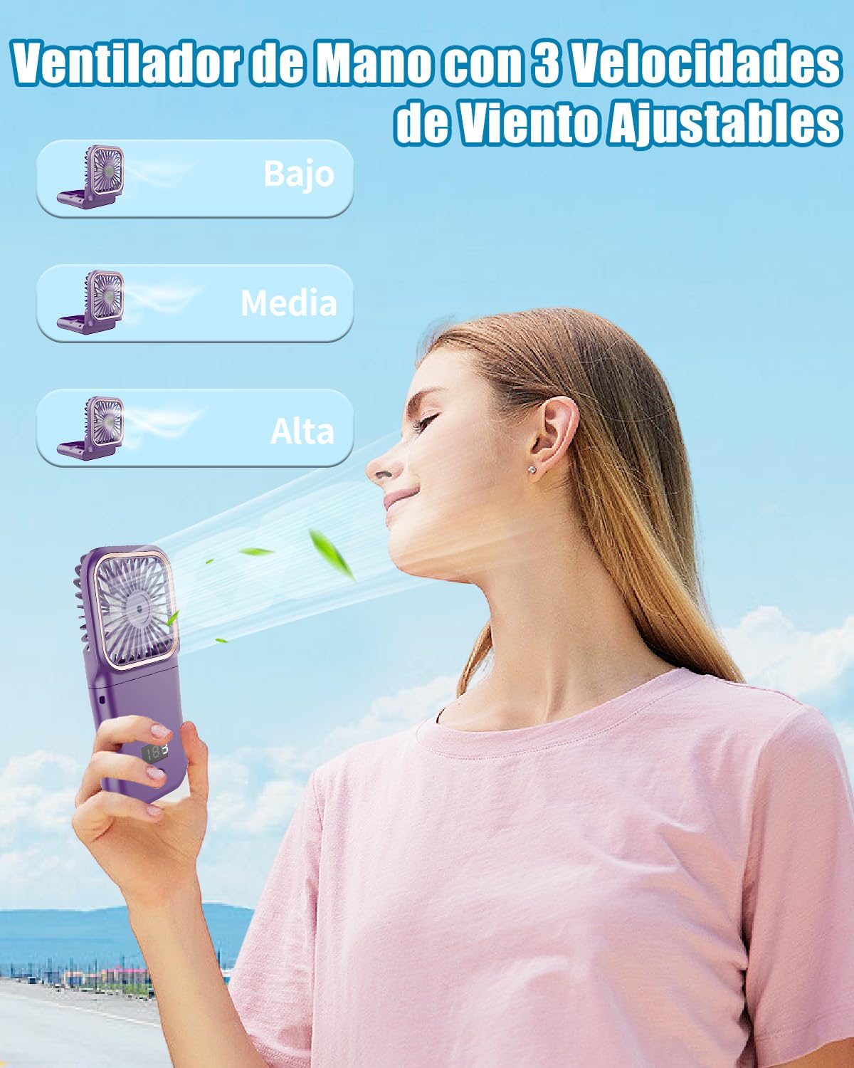 DDKJ Ventilador de Mano Recargable,Plegable 180° Ajustable,3 Velocidades,7 Horas,Pantalla Digital,Mini Ventilador Portatil para Viajes/Oficina/Actividades al Aire Libre-Morado