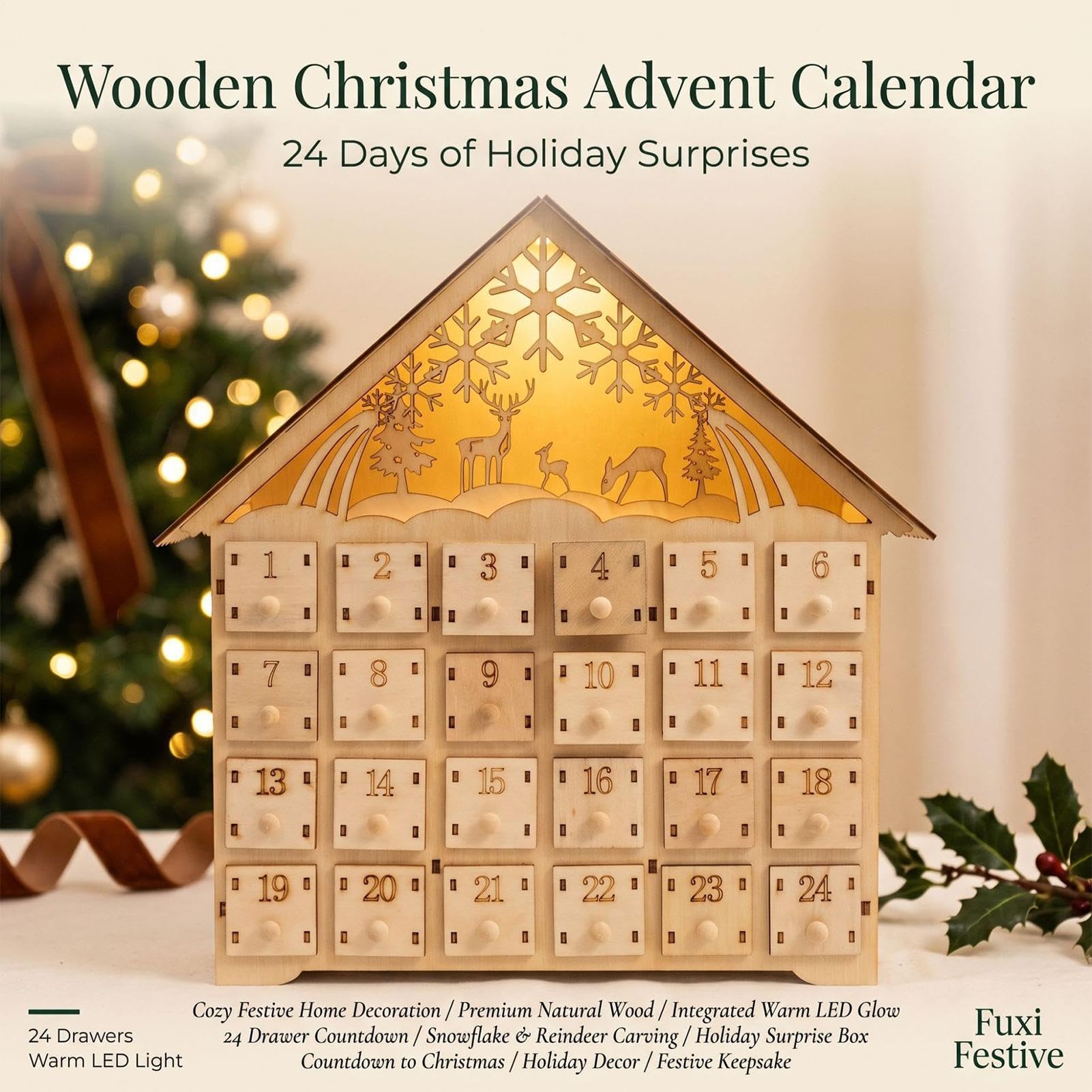 Calendrier de l'Avent Noël Cabinet pour Bureau en Bois Lumineux en Forme de
