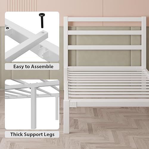 Miniatura 7 de Marco de cama de tamaño individual, marco de cama de plataforma de metal con cabecero, gran almacenamiento debajo de la cama, soporte de listones de