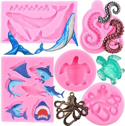 Vista 19 de Molde de silicona para fondant con temática marina, concha, concha, algas marinas, ballena asesina, tiburón, ballena, para decoración de pasteles