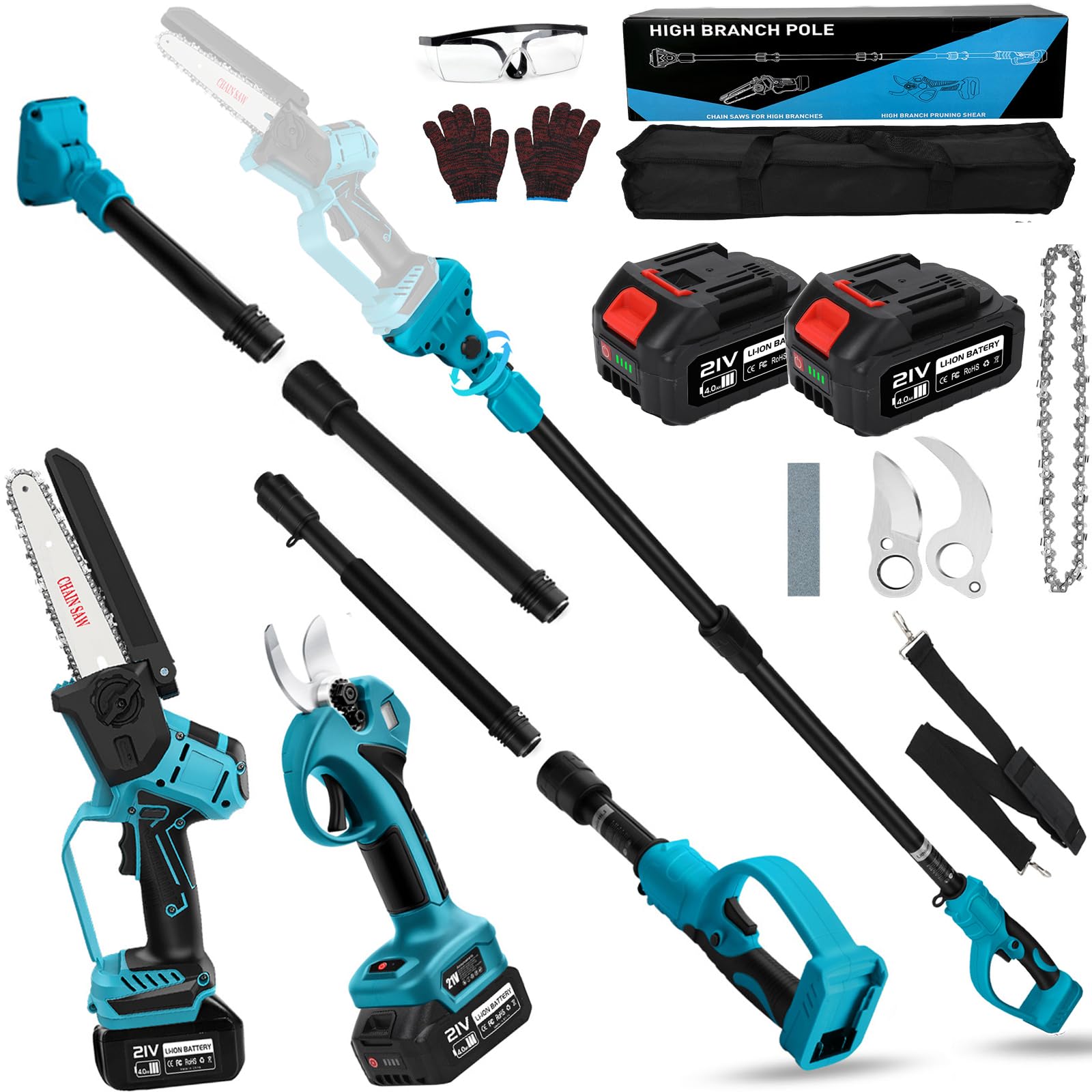 4 en 1 podadora de batería de 6 pulgadas Mini motosierra con batería y cargador 45 mm Tijeras de podar eléctricas para jardín 2x 4000mAh Tijeras de árbol eléctricas Tijeras de poda de ramas Tijeras de