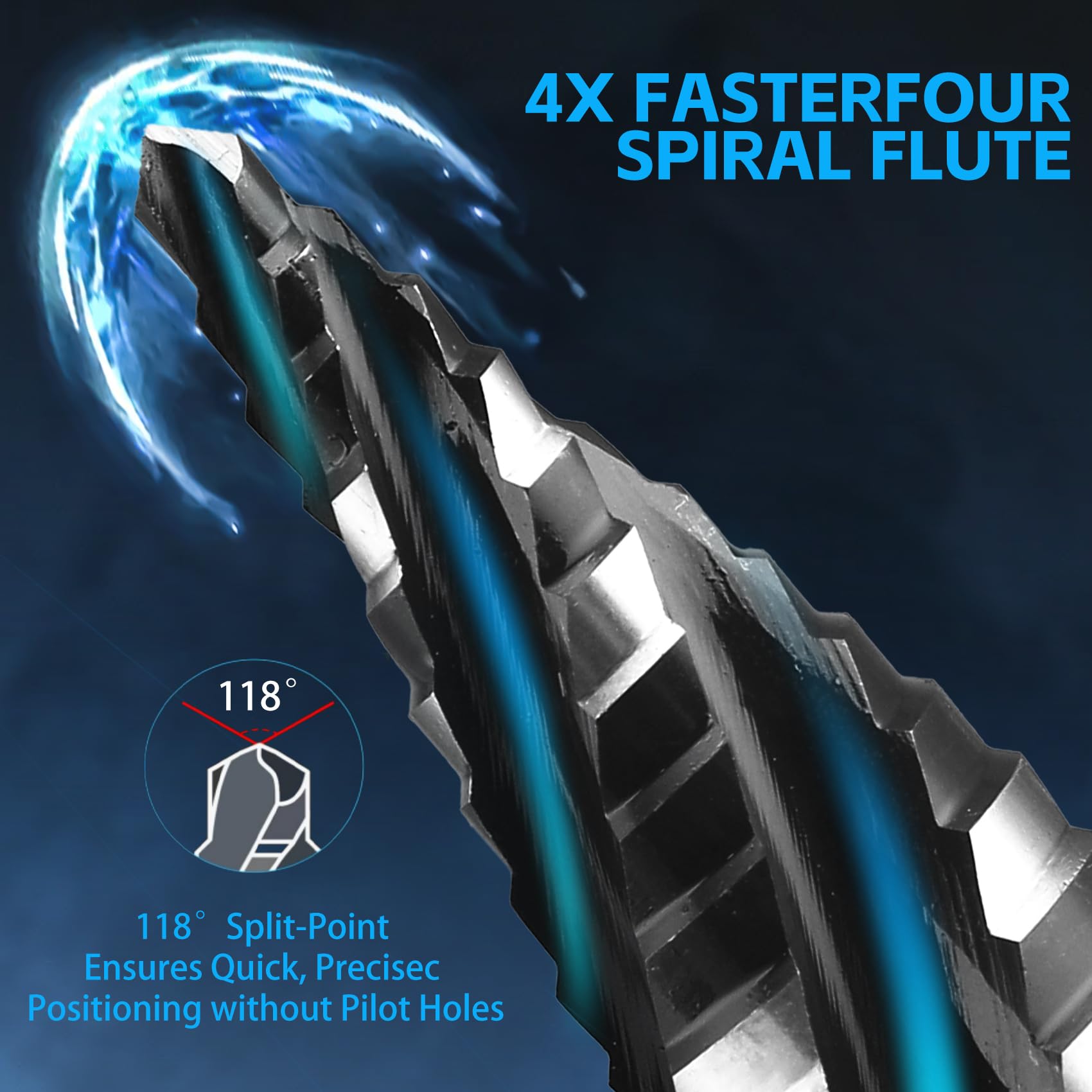 Set di punte per trapano a gradino, 5 pezzi, quattro scanalature a spirale per metallo, 50 misure, punte per trapano HSS rivestite in titanio con gambo esagonale da 1/4", per acciaio