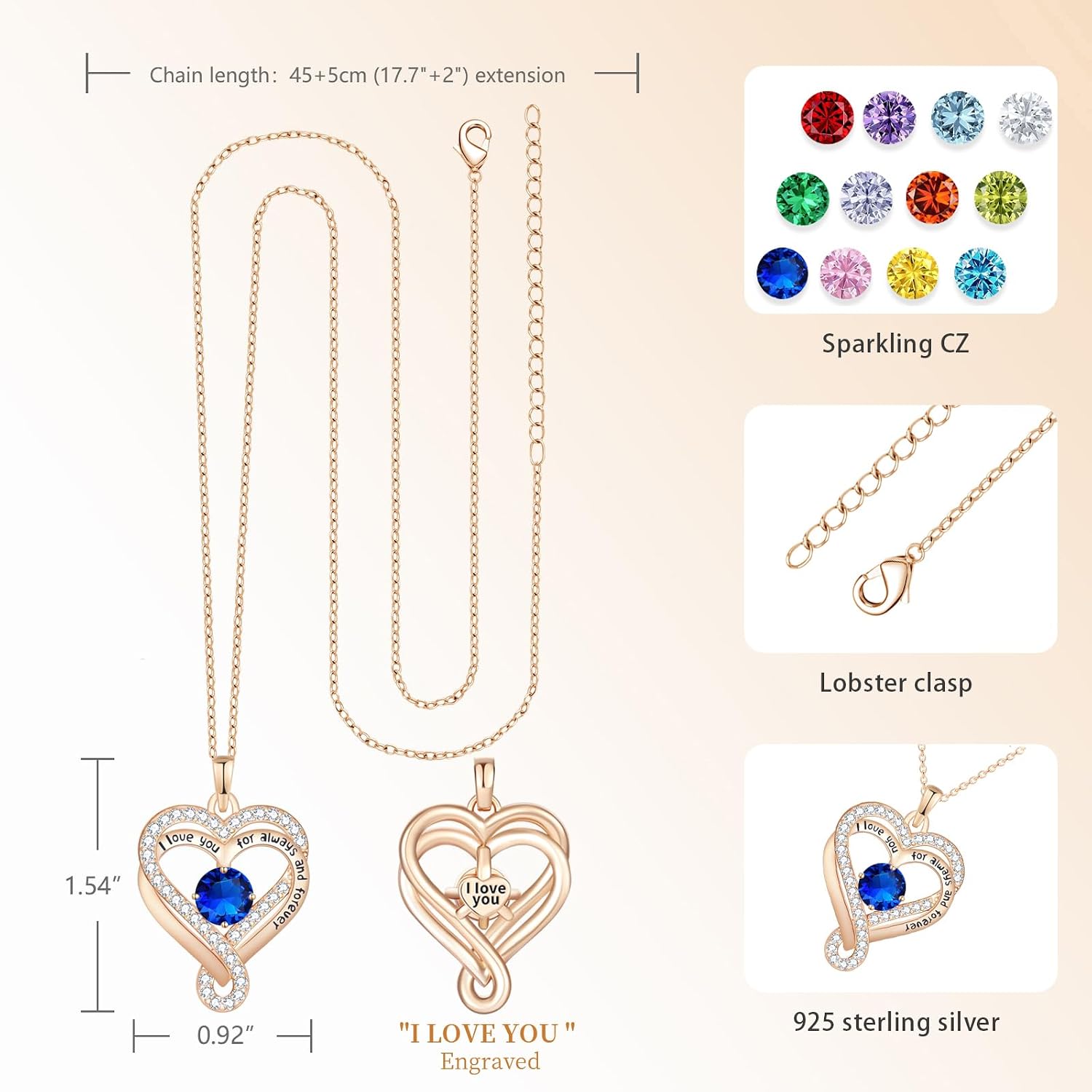 Birthstone Heart Necklaces for Women, Infinity Pendent S925 Sterling Silver Jewelry for Women, Wedding Anniversary, Birthday Mother’s Day Gifts for Mom, Mother, Wife, Girlfriend