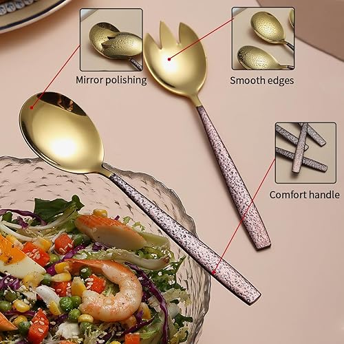 Miniatura 4 de Evanda Juego de servidor de ensalada de 4 piezas, juego de servir de ensalada de acero inoxidable, mango marrón y cuchara de ensalada de cabeza