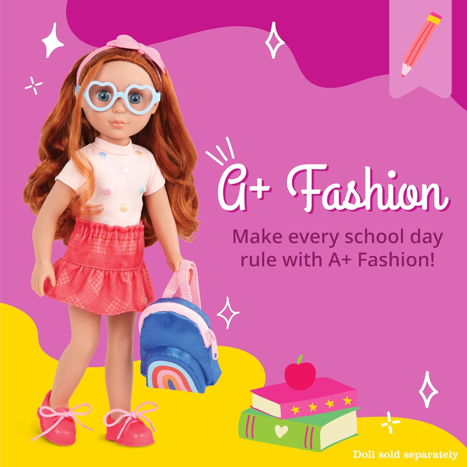 Glitter Girls – 14-Inch Doll Clothes – 7 Pieces School Outfit – Colorful Skirt & Accessories – Rainbow Backpack & Glasses – 3+ Years– A+ Fashion