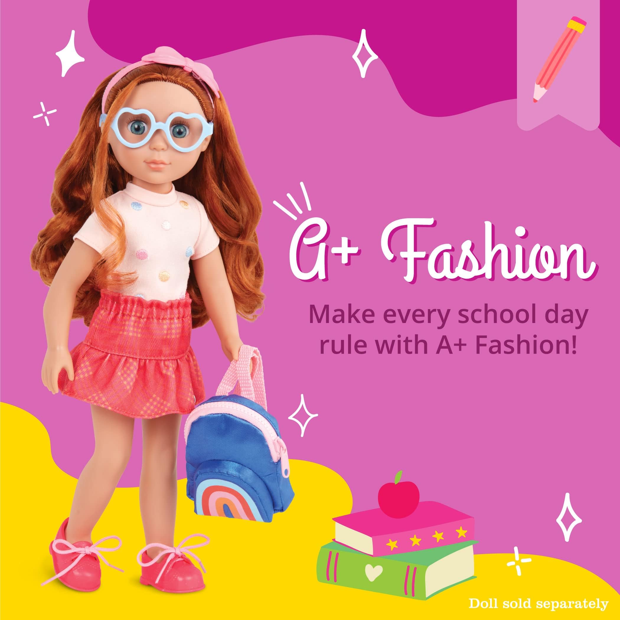 Glitter Girls – 14-Inch Doll Clothes – 7 Pieces School Outfit – Colorful Skirt & Accessories – Rainbow Backpack & Glasses – 3+ Years– A+ Fashion